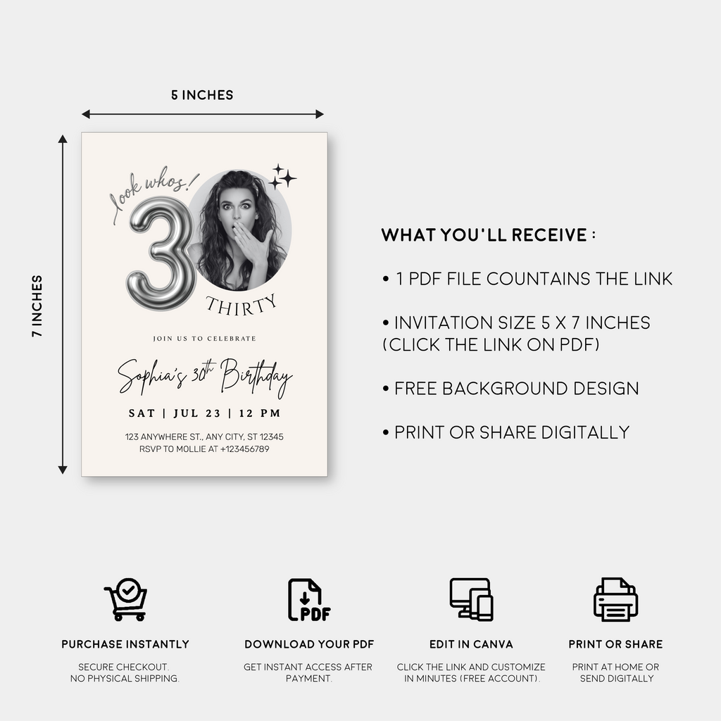 Editable 30th Birthday Photo Invitation Canva Template Silver Balloon Minimalist Party Invite Instant Download