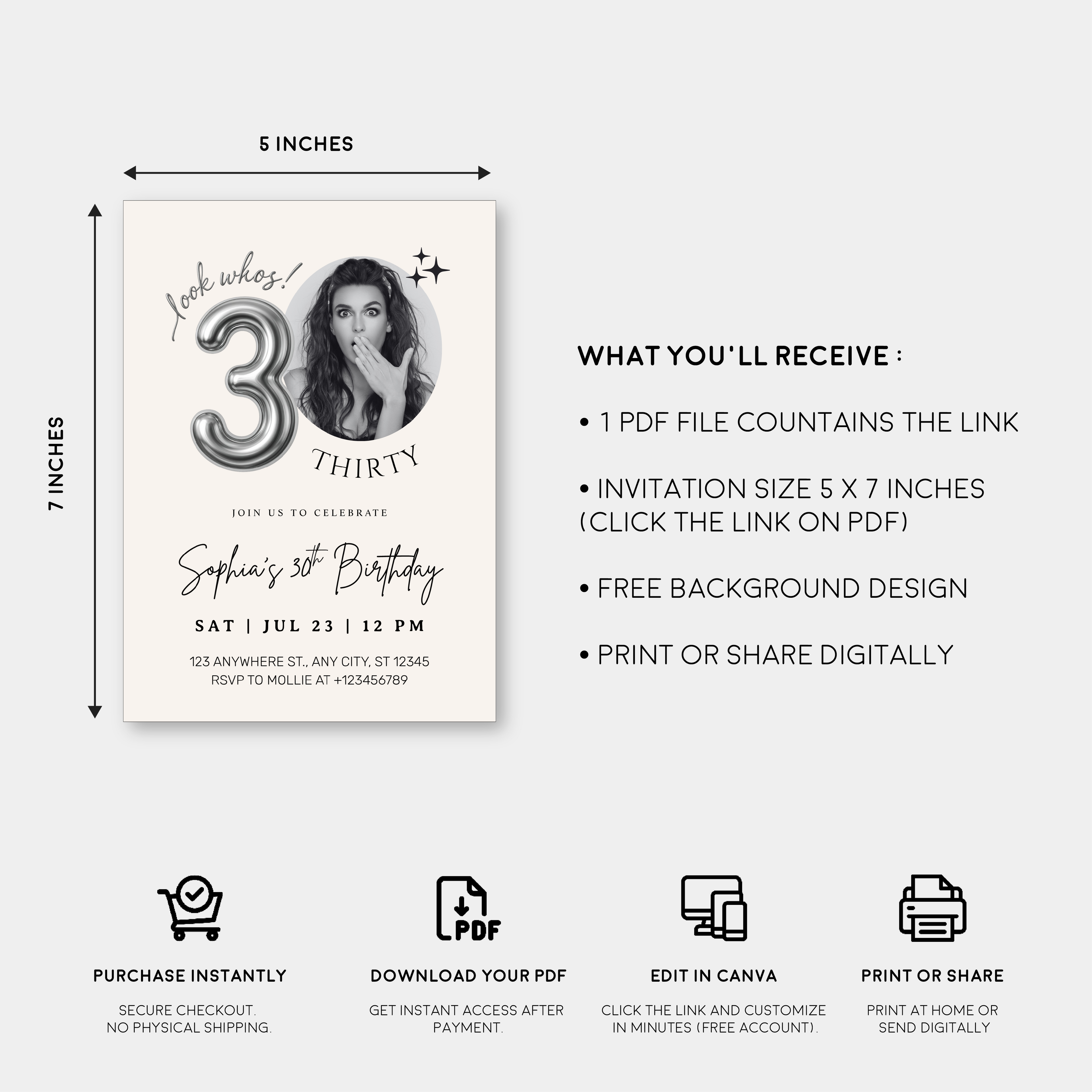 Editable 30th Birthday Photo Invitation Canva Template Silver Balloon Minimalist Party Invite Instant Download
