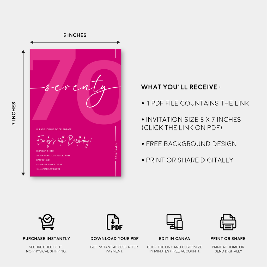 Modern Pink 70th Birthday Invitation | Minimalist Editable Canva Template