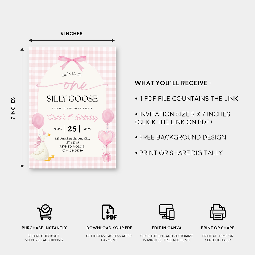 Editable One Silly Goose 1st Birthday Invitation | Pink Bow Gingham Canva Template – Instant Download