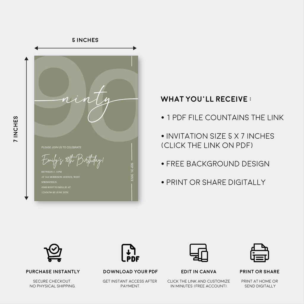 Elegant Sage Green 90th Birthday Invitation Template | Minimalist Ninety Milestone Party Invite | Editable & Instant Download