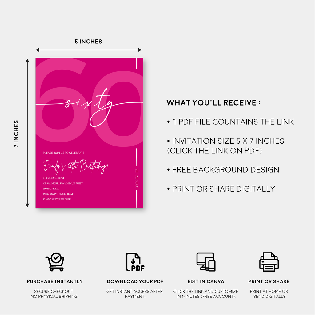 Modern Pink 60th Birthday Invitation | Minimalist Editable Canva Template