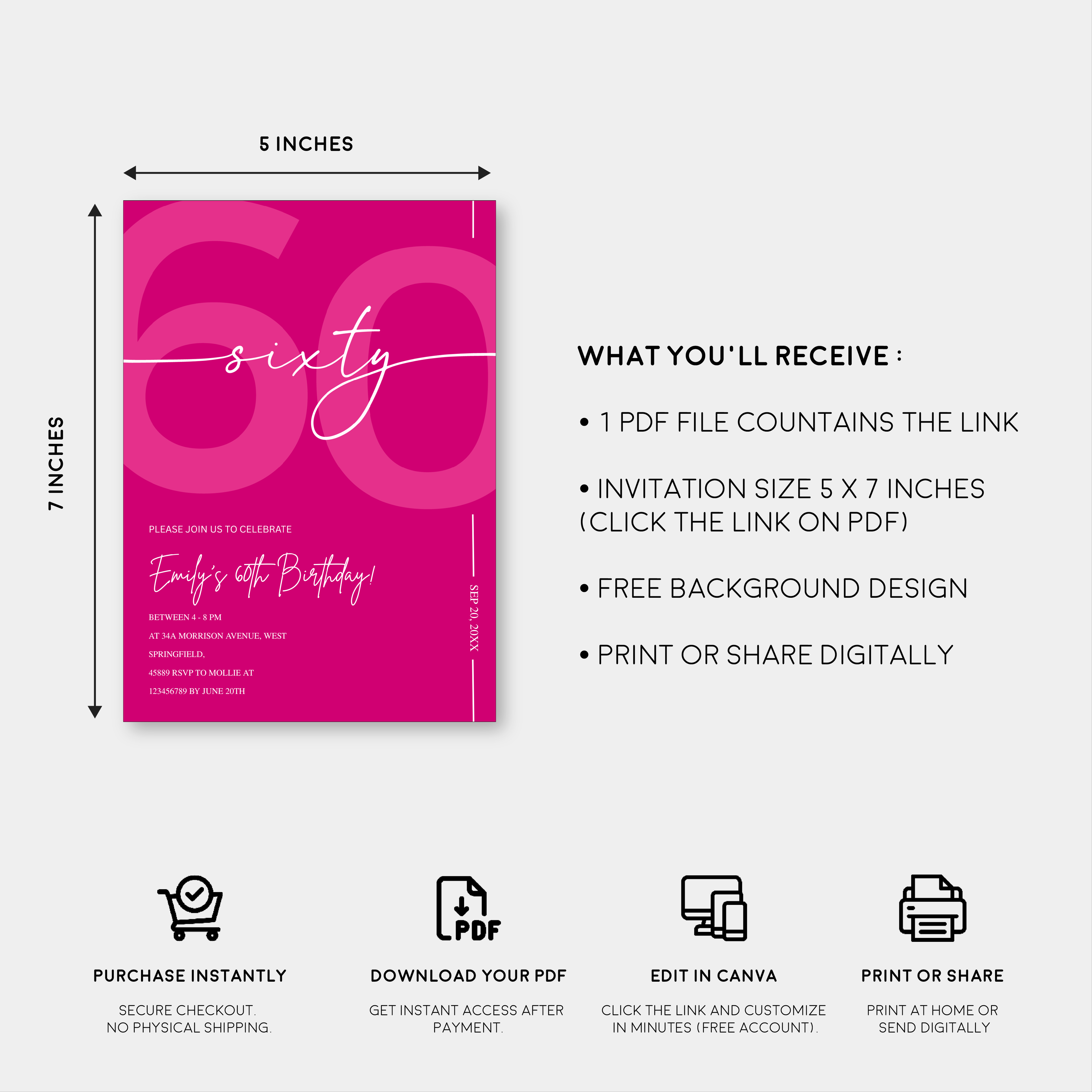 Modern Pink 60th Birthday Invitation | Minimalist Editable Canva Template