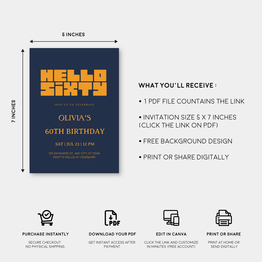 Hello Sixty Navy Blue 60th Birthday Invitation | Modern Milestone Party Invite | Elegant Birthday Celebration