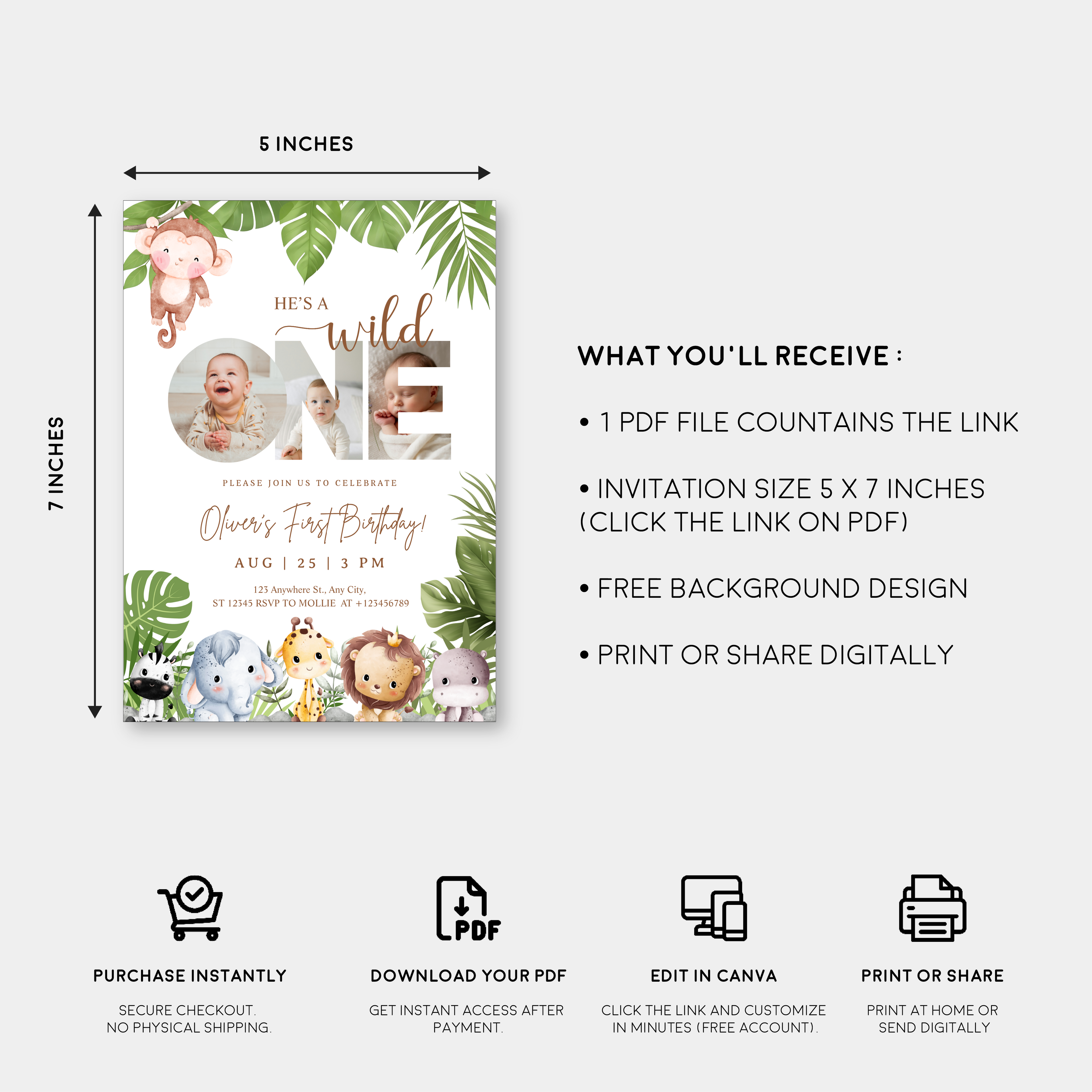 Editable Wild One Jungle 1st Birthday Photo Invitation | Safari Baby Canva Template – Instant Download