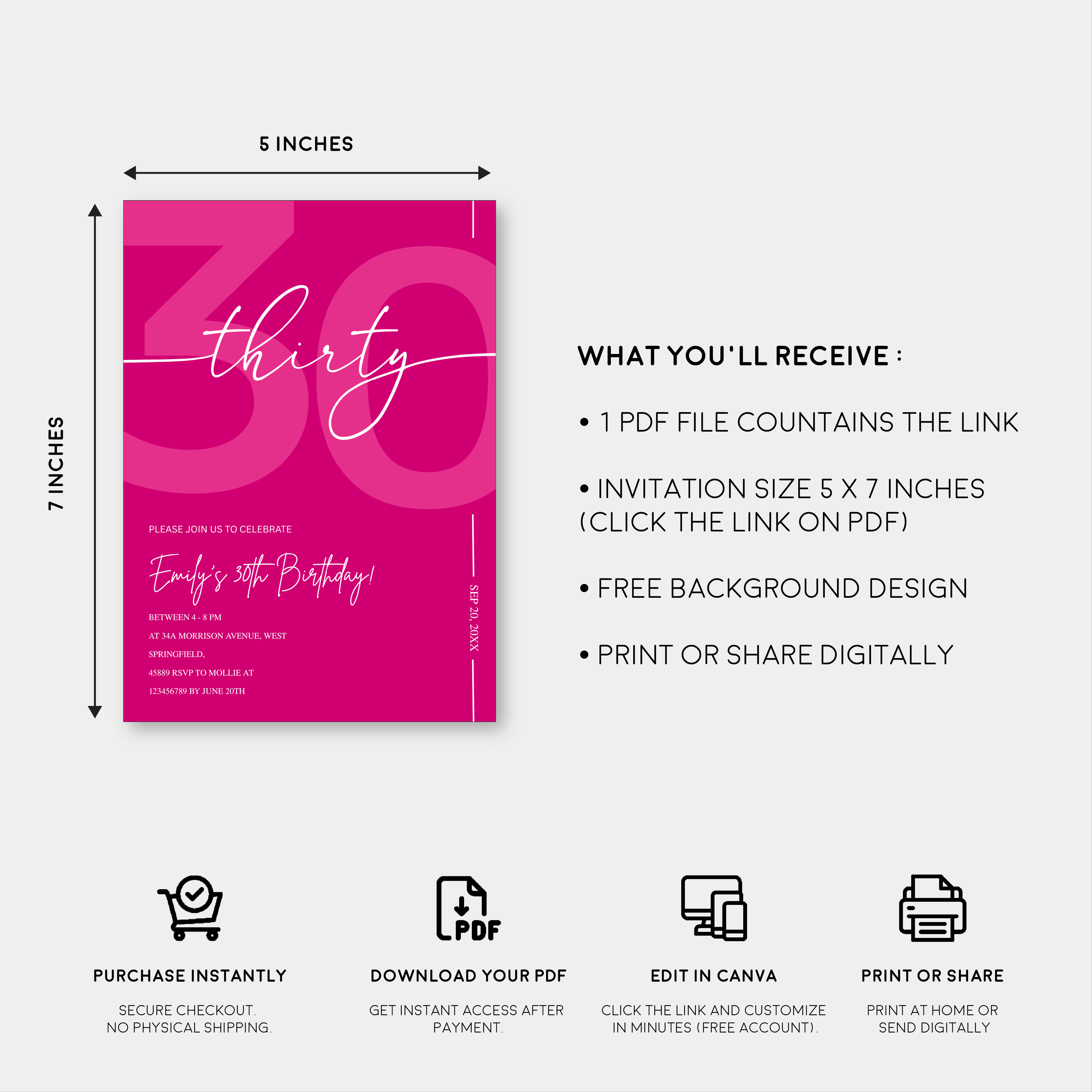 Modern Pink 30th Birthday Invitation | Minimalist Editable Canva Template