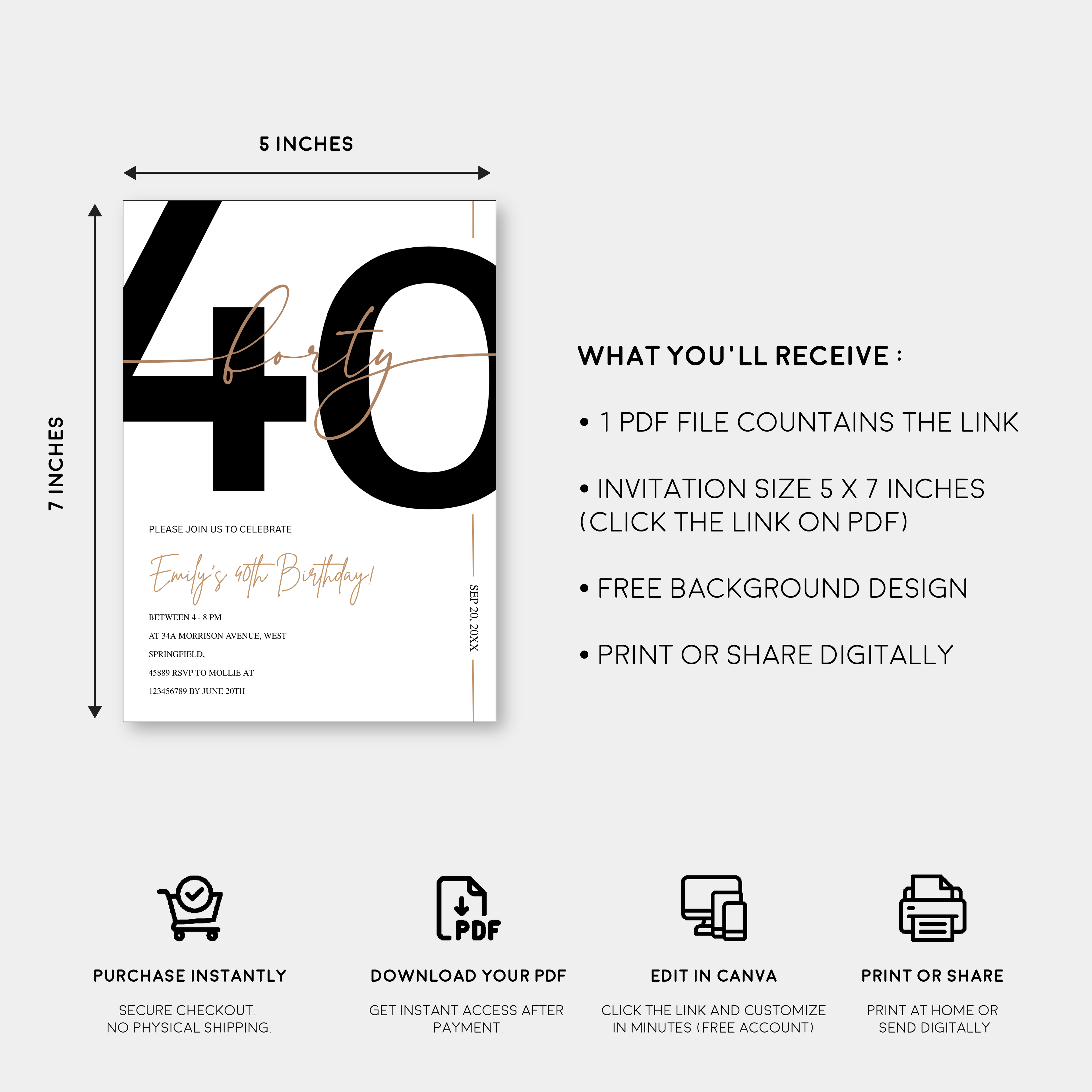 Modern Minimalist White & Gold 40th Birthday Party Invitation – Editable Canva Template