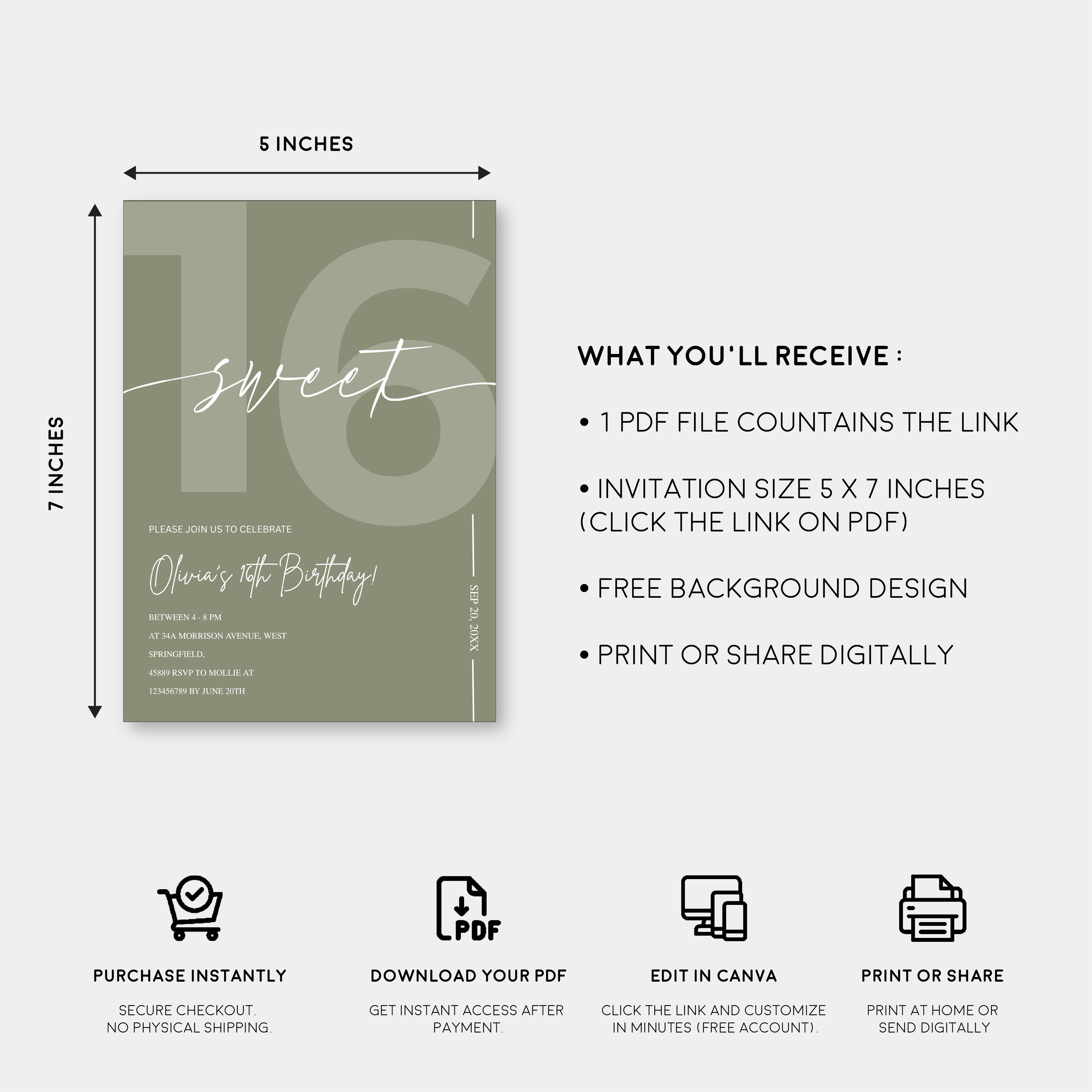 Modern Sage Green Sweet 16th Birthday Invitation – Editable Canva Template
