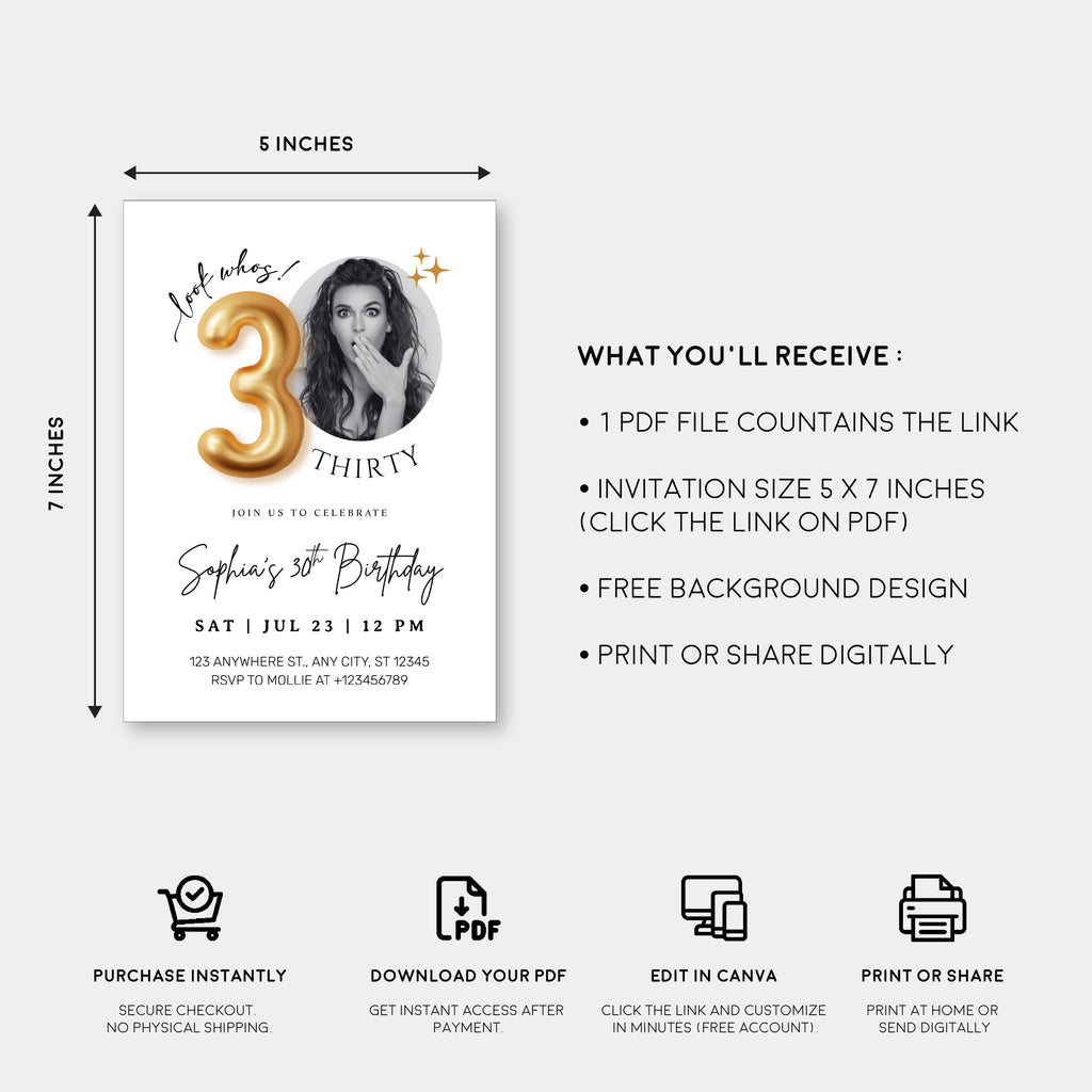 Modern Minimalist 30th Birthday Gold Balloon Photo Invitation Template | Elegant Milestone Party Invite | Editable & Instant Download