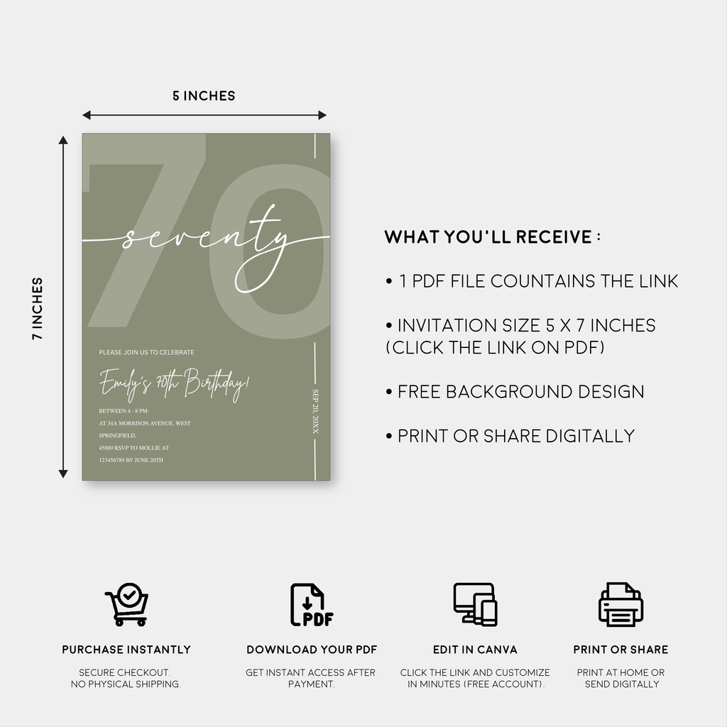 Elegant Sage Green 70th Birthday Invitation Template | Minimalist Seventy Milestone Party Invite | Editable & Instant Download