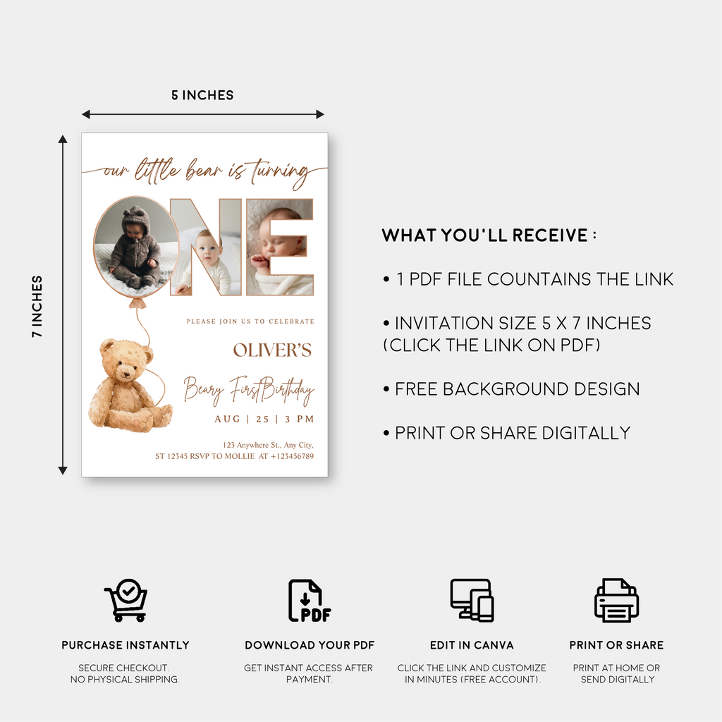 Editable Beary First Birthday Photo Invitation | Teddy Bear 1st Birthday Canva Template – Instant Download