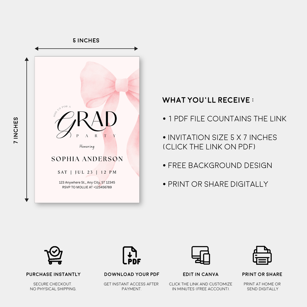 Elegant Blush Pink Bow Graduation Invitation with Photo | Editable Graduation Party Invite
