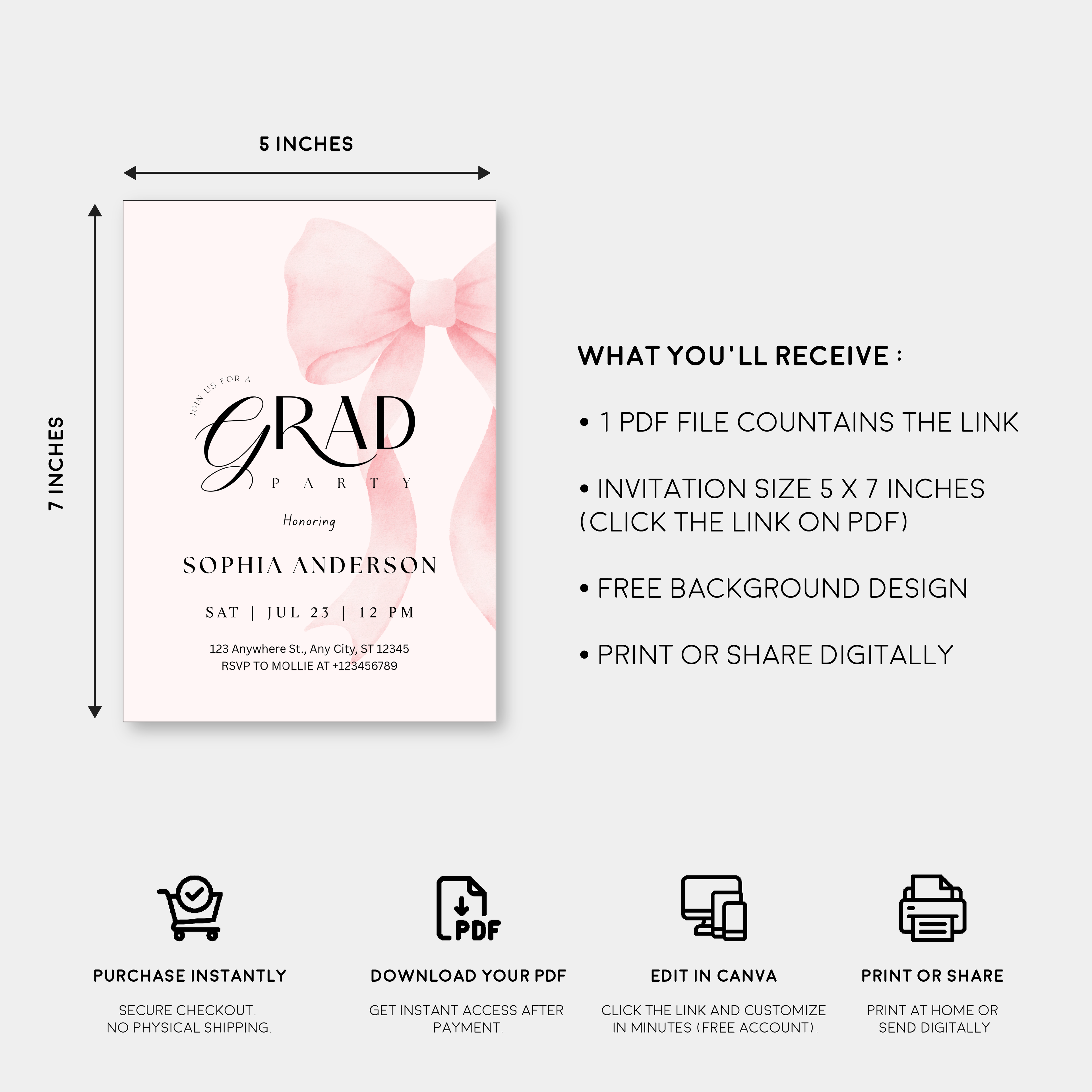 Elegant Blush Pink Bow Graduation Invitation with Photo | Editable Graduation Party Invite