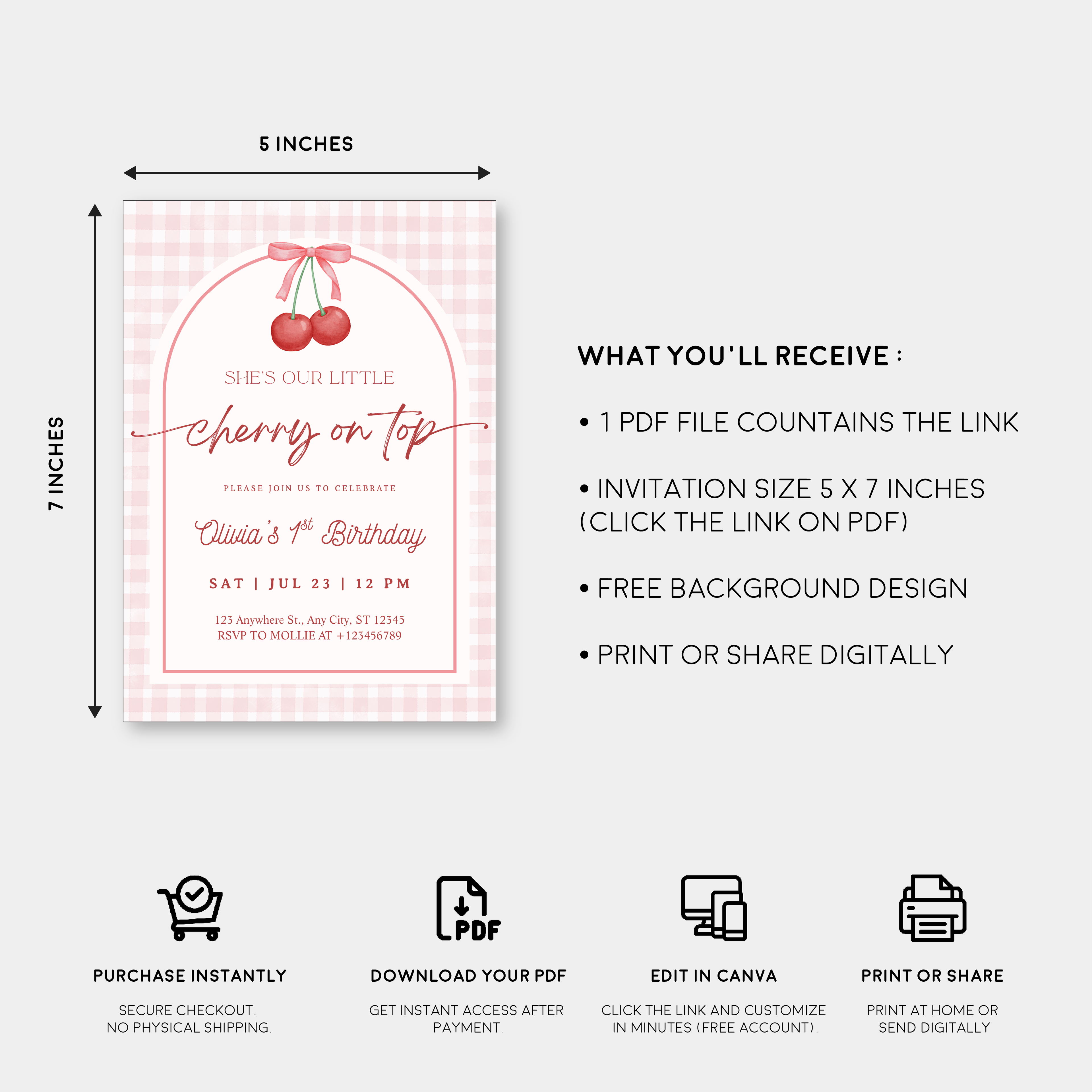Editable “Cherry on Top” 1st Birthday Invitation | Gingham First Birthday Canva Template – Instant Download