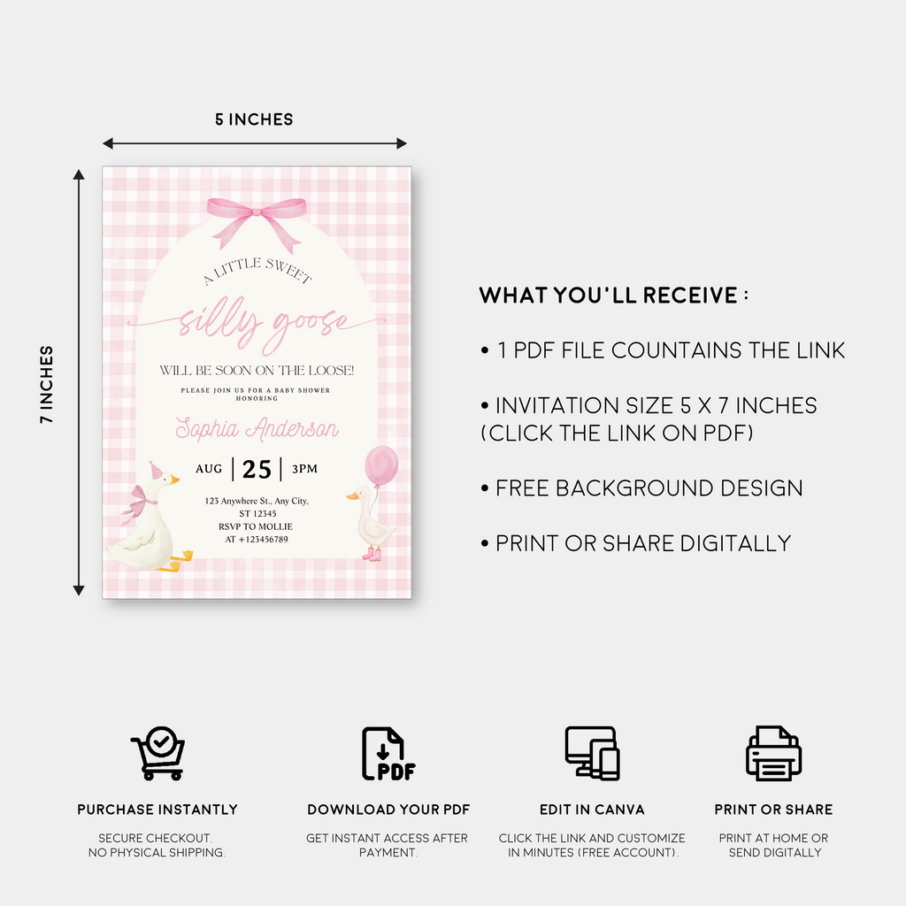 Editable Silly Goose Baby Shower Invitation | Pink Bow Gingham Canva Template – Instant Download