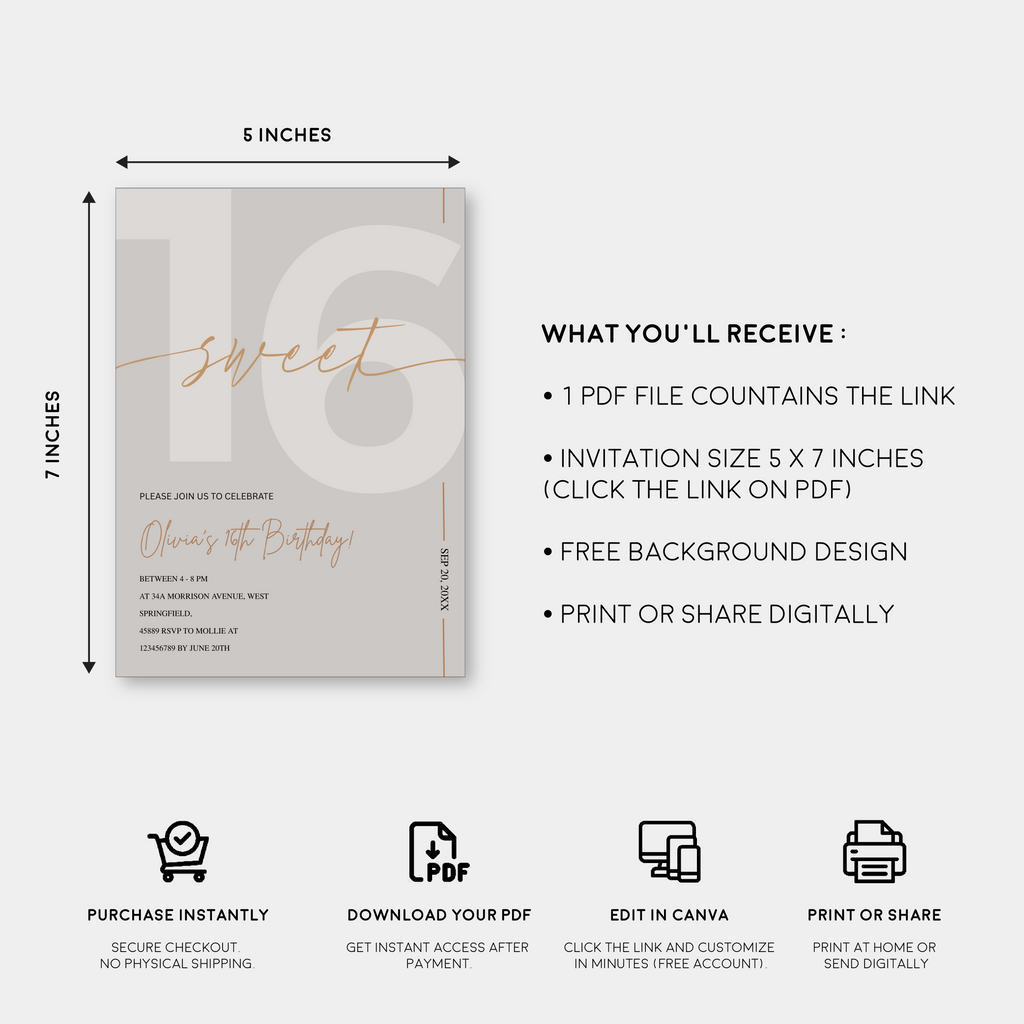 Modern Beige & Gold Sweet 16th Birthday Invitation – Editable Canva Template