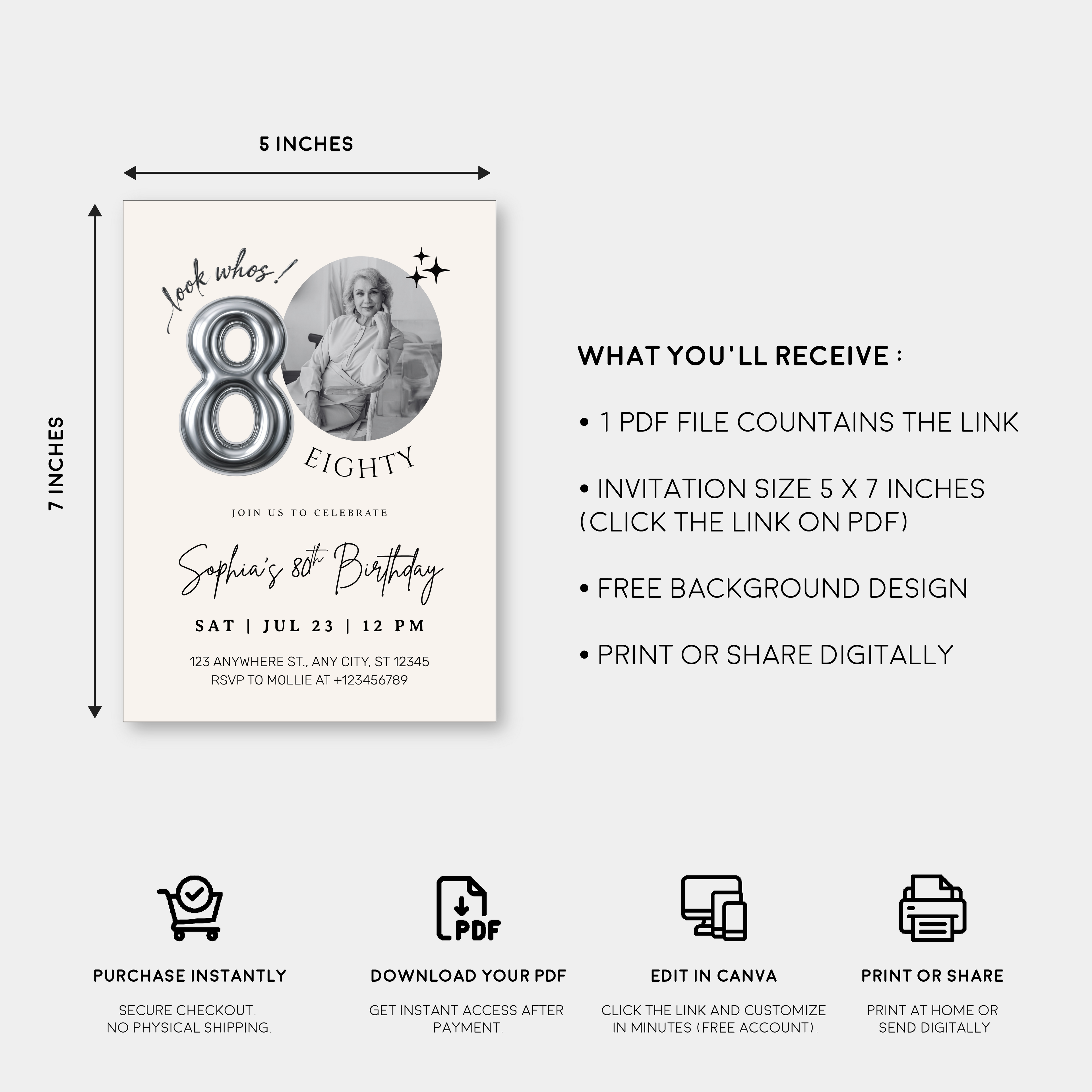 Editable 80th Birthday Photo Invitation Canva Template Silver Balloon Minimalist Party Invite Instant Download