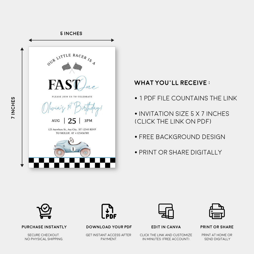 Editable “Fast ONE” Race Car 1st Birthday Invitation | Blue Vintage Car Canva Template – Instant Download