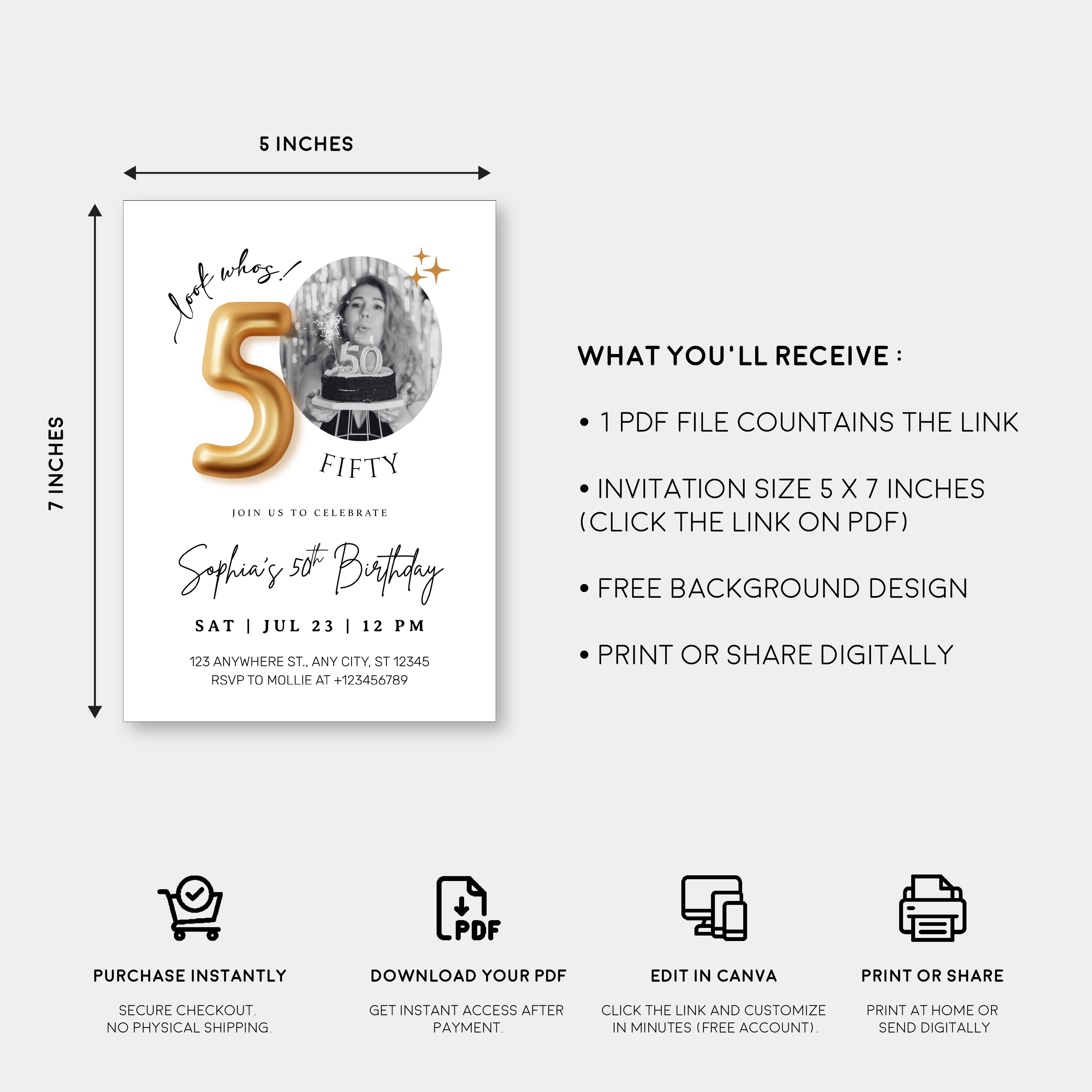Modern Minimalist 50th Birthday Gold Balloon Photo Invitation Template | Elegant Milestone Party Invite | Editable & Instant Download
