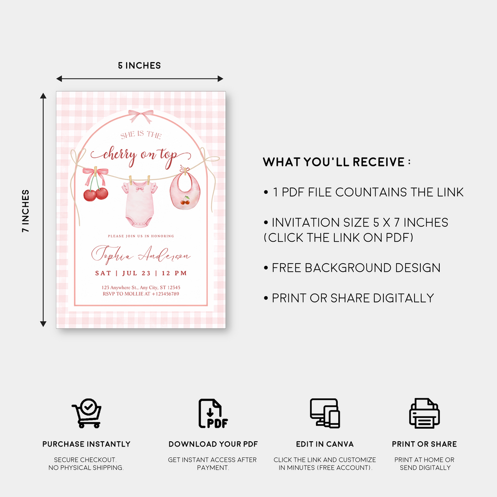 She's the Cherry on Top Baby Shower Invitation | Cherry Theme Baby Girl Shower Invite | Clothesline Baby Shower Invitation
