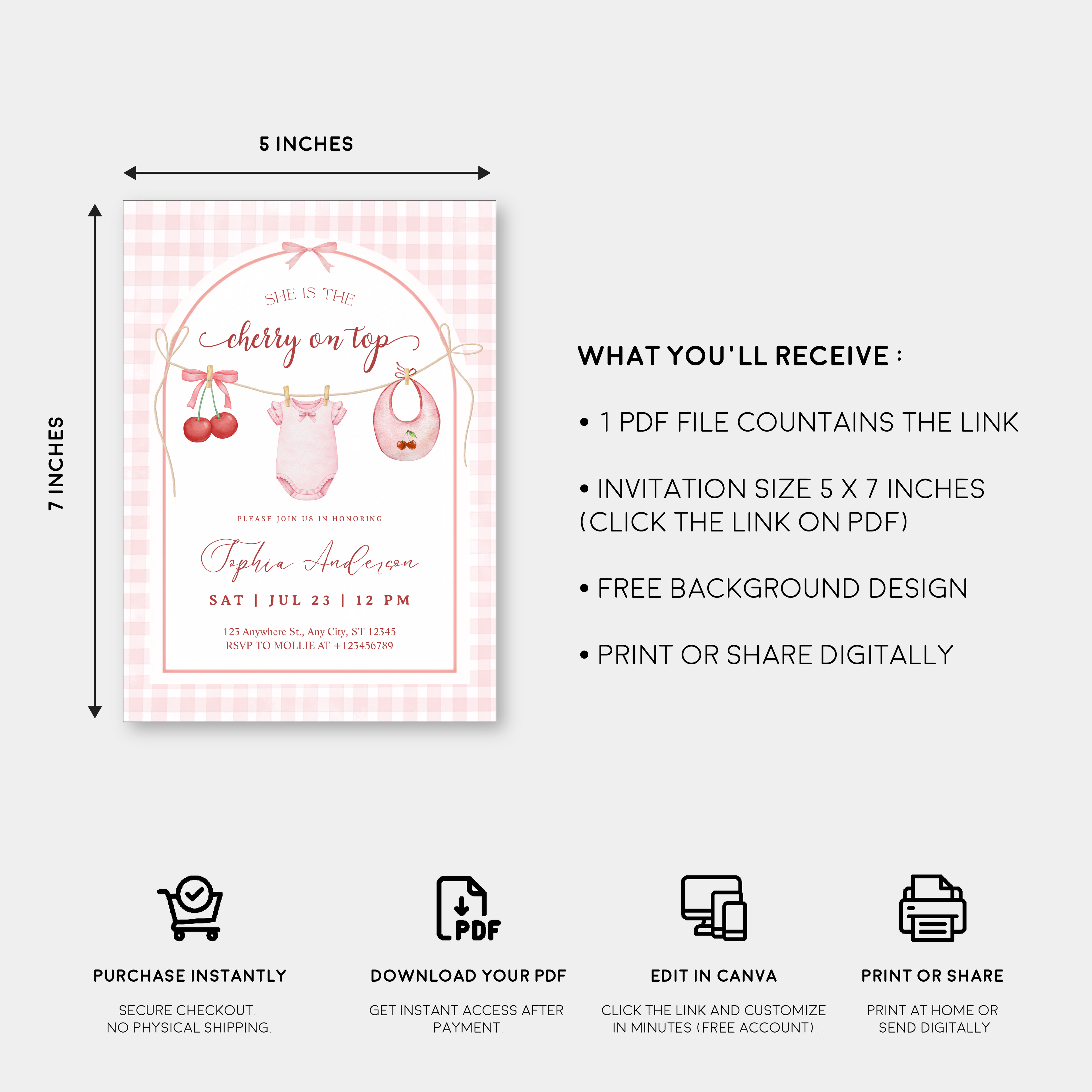 She's the Cherry on Top Baby Shower Invitation | Cherry Theme Baby Girl Shower Invite | Clothesline Baby Shower Invitation