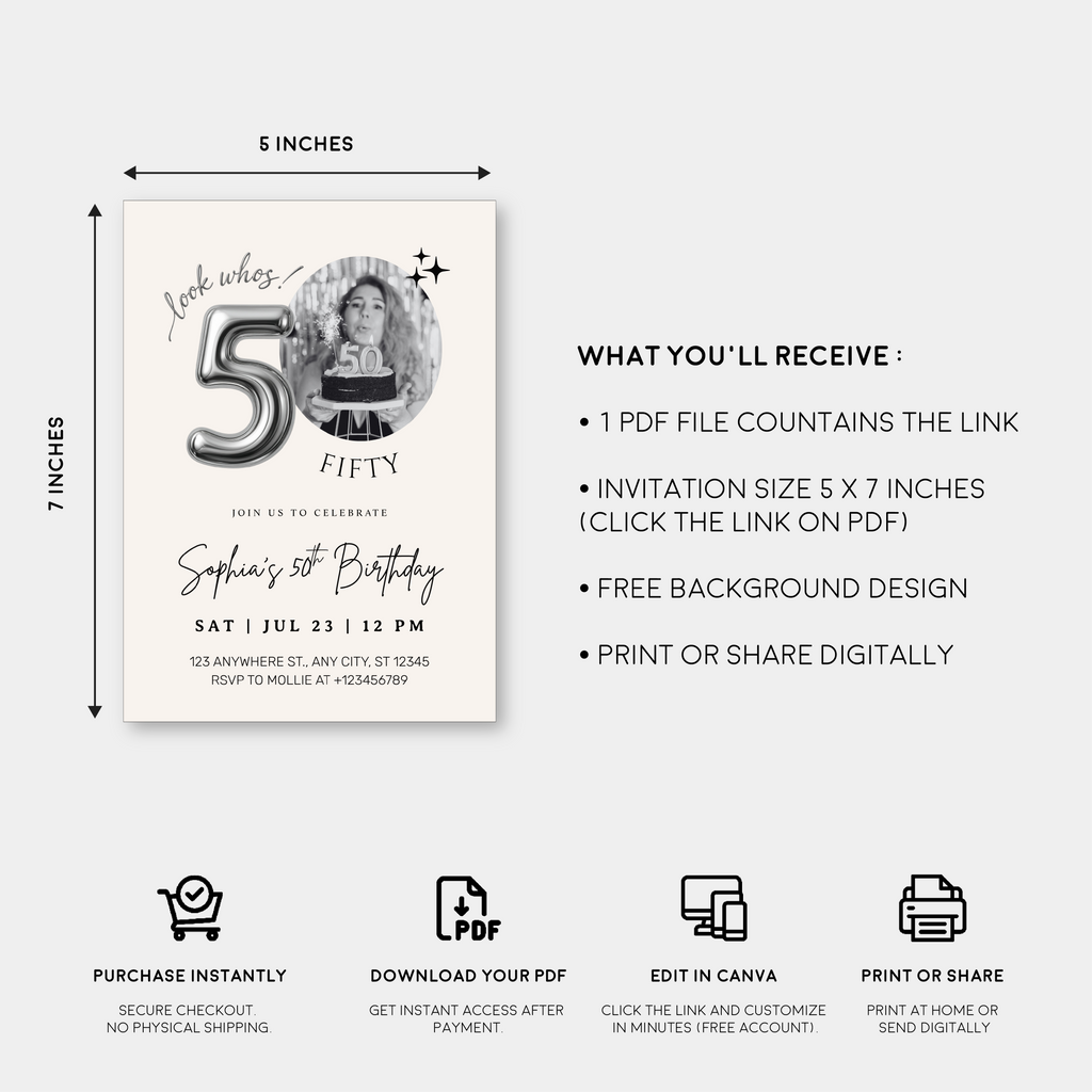 Editable 50th Birthday Photo Invitation Canva Template Silver Balloon Minimalist Party Invite Instant Download