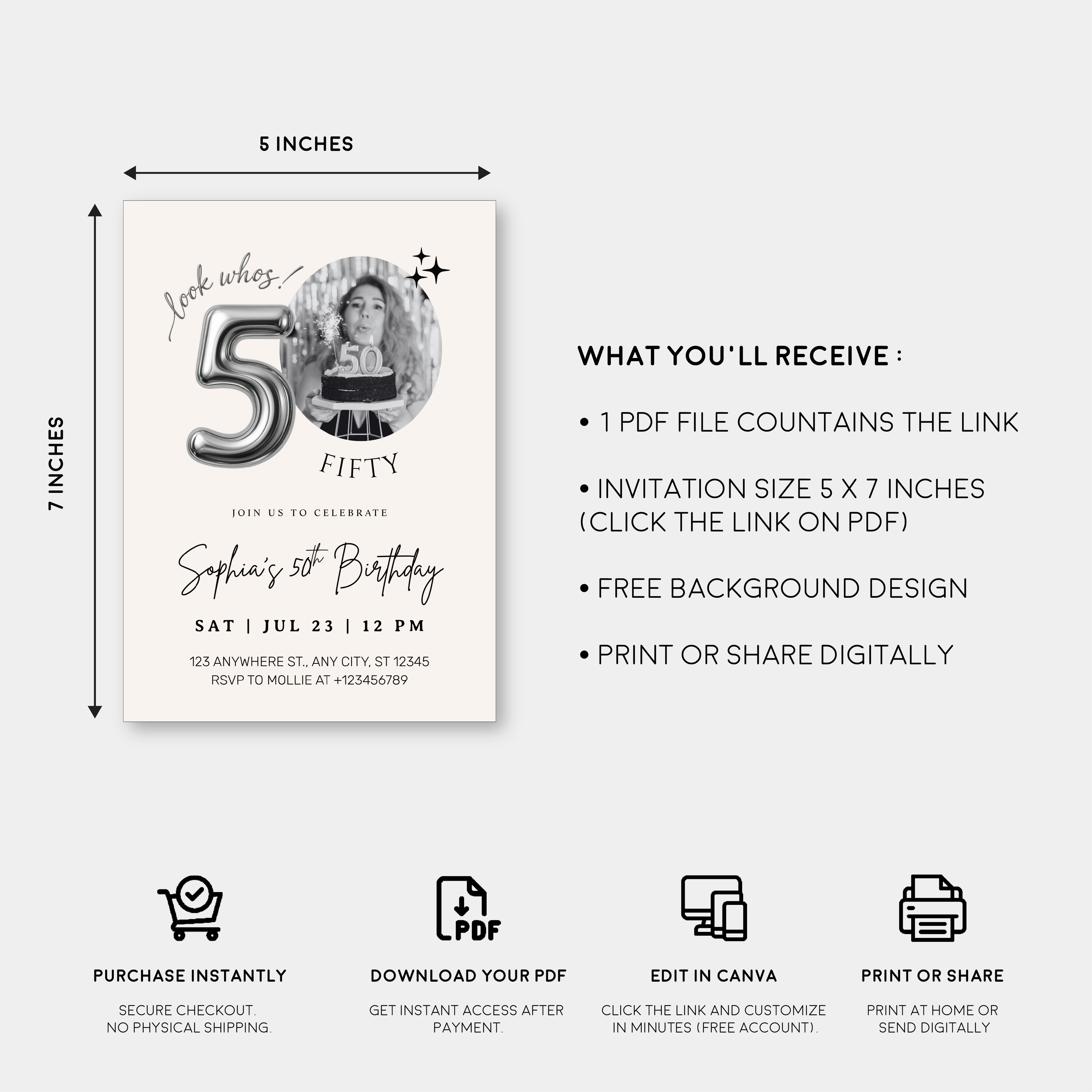 Editable 50th Birthday Photo Invitation Canva Template Silver Balloon Minimalist Party Invite Instant Download