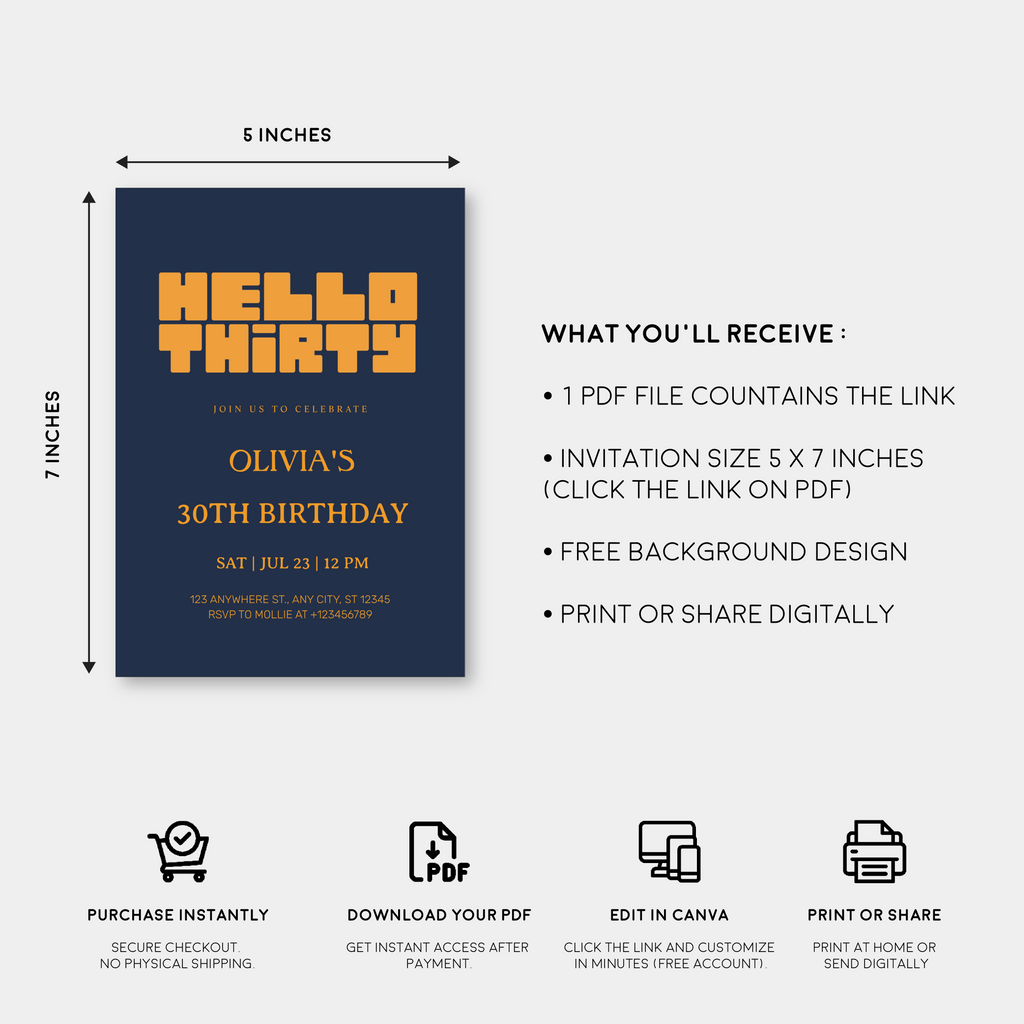 Hello Thirty Navy Blue 30th Birthday Invitation | Modern Milestone Party Invite | Elegant Birthday Celebration