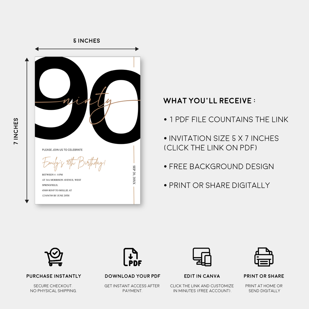 Modern Minimalist White & Gold 90th Birthday Party Invitation – Editable Canva Template