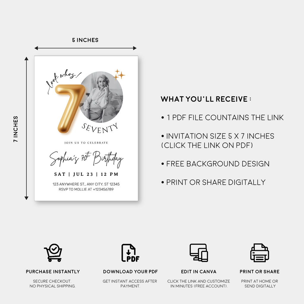 Modern Minimalist 70th Birthday Gold Balloon Photo Invitation Template | Elegant Milestone Party Invite | Editable & Instant Download