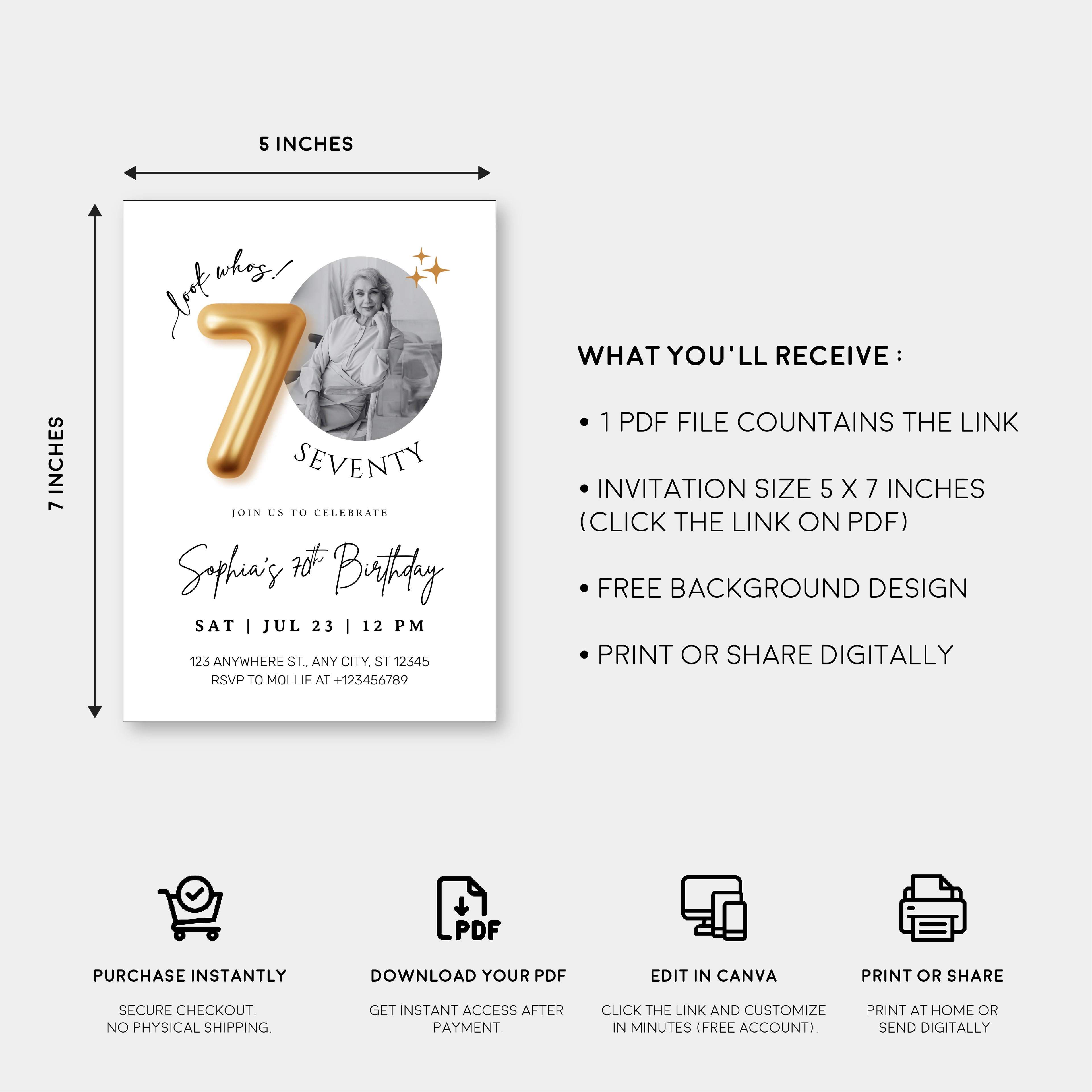 Modern Minimalist 70th Birthday Gold Balloon Photo Invitation Template | Elegant Milestone Party Invite | Editable & Instant Download