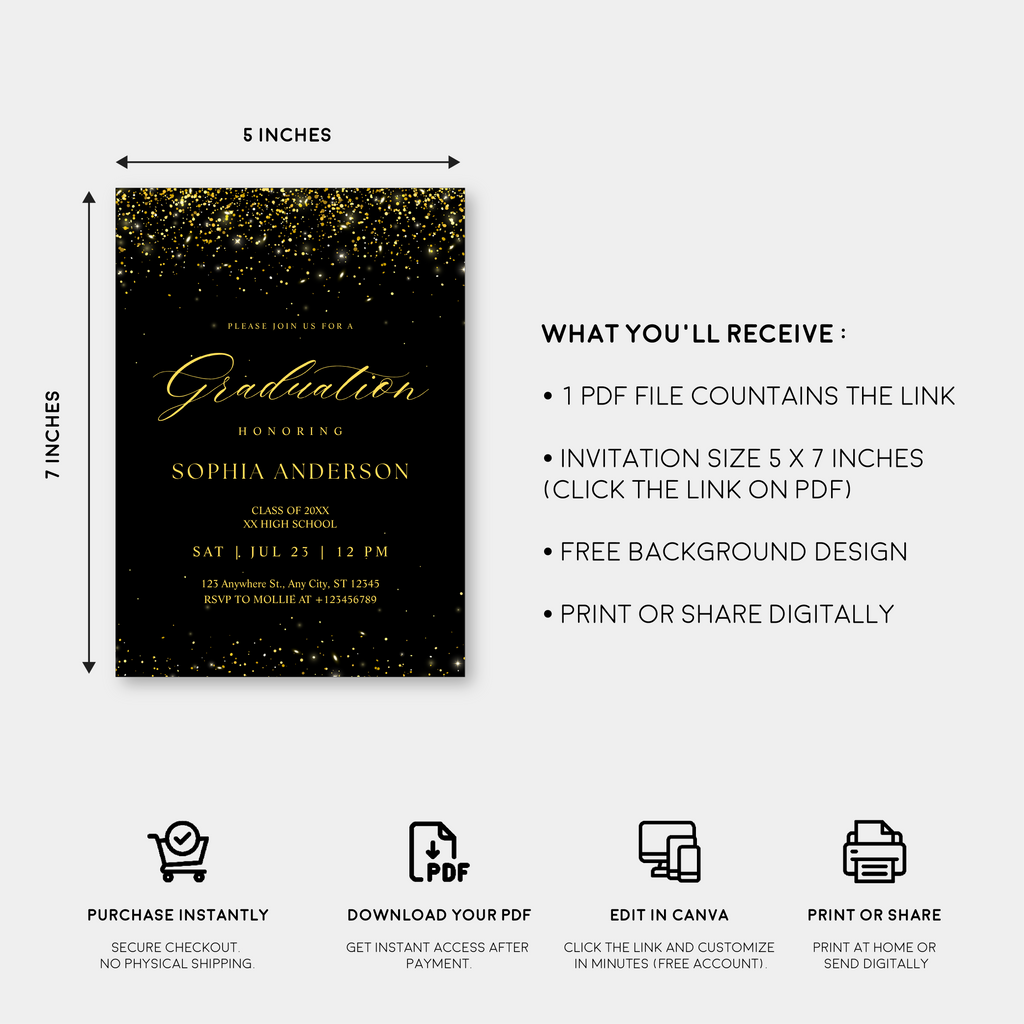 Elegant Black & Gold Graduation Invitation | Faux Gold Confetti Graduation Party Invite