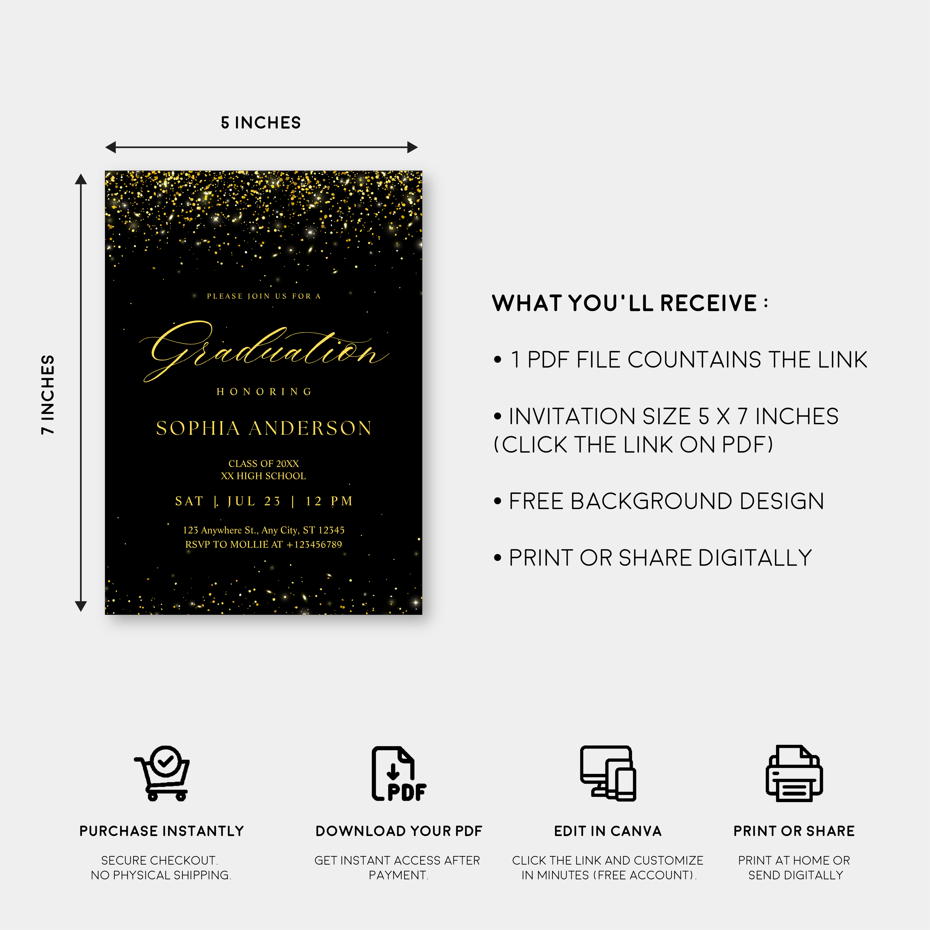 Elegant Black & Gold Graduation Invitation | Faux Gold Confetti Graduation Party Invite