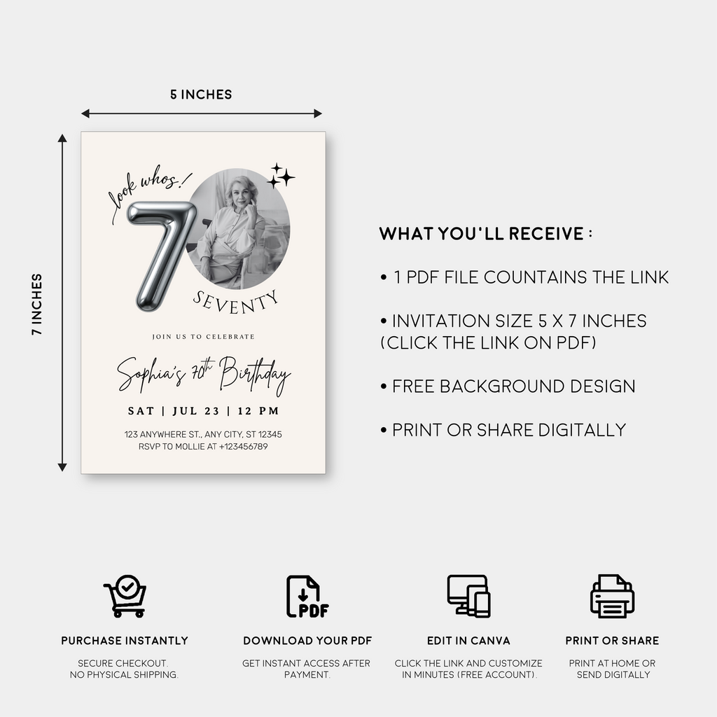 Editable 70th Birthday Photo Invitation Canva Template Silver Balloon Minimalist Party Invite Instant Download
