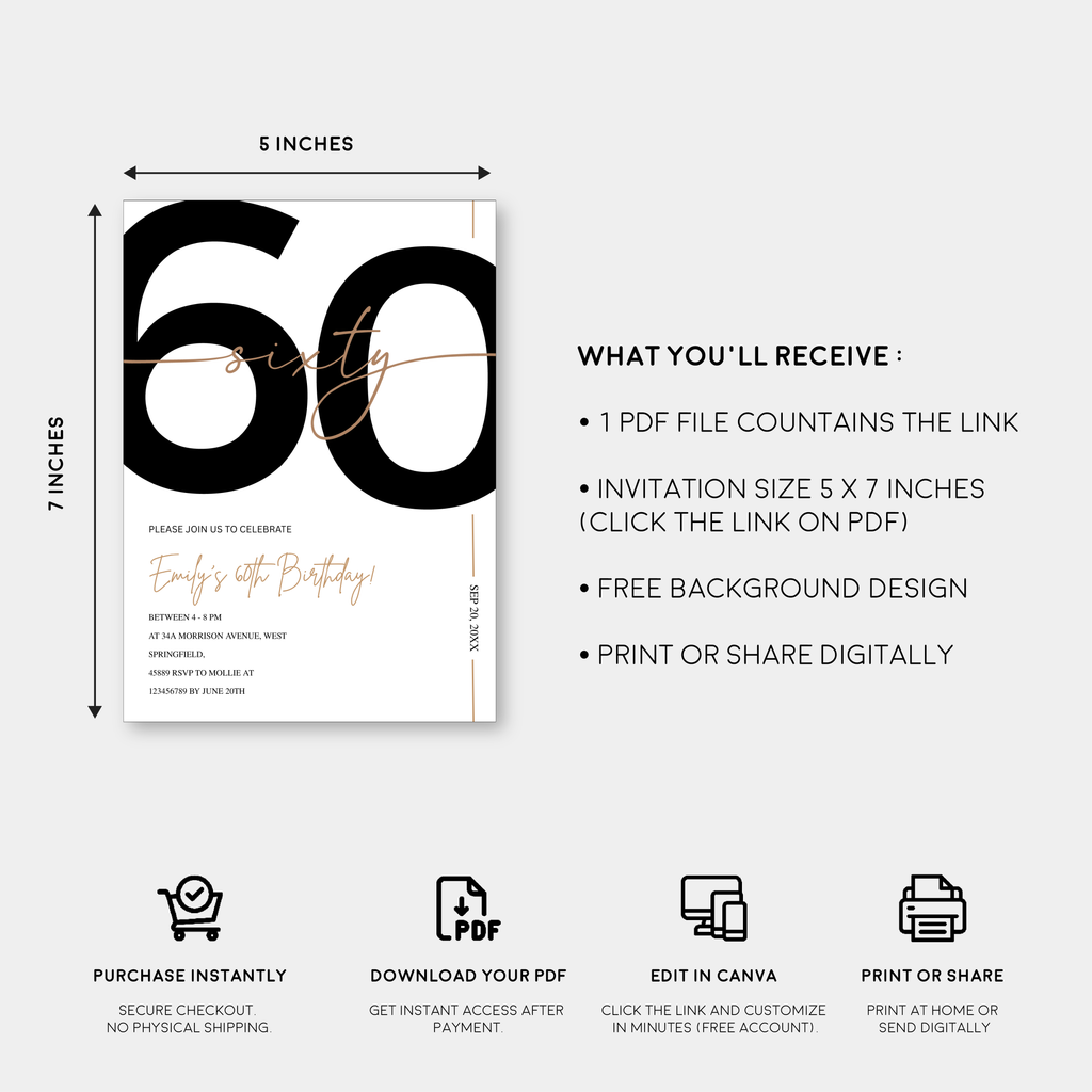 Modern Minimalist White & Gold 60th Birthday Party Invitation – Editable Canva Template