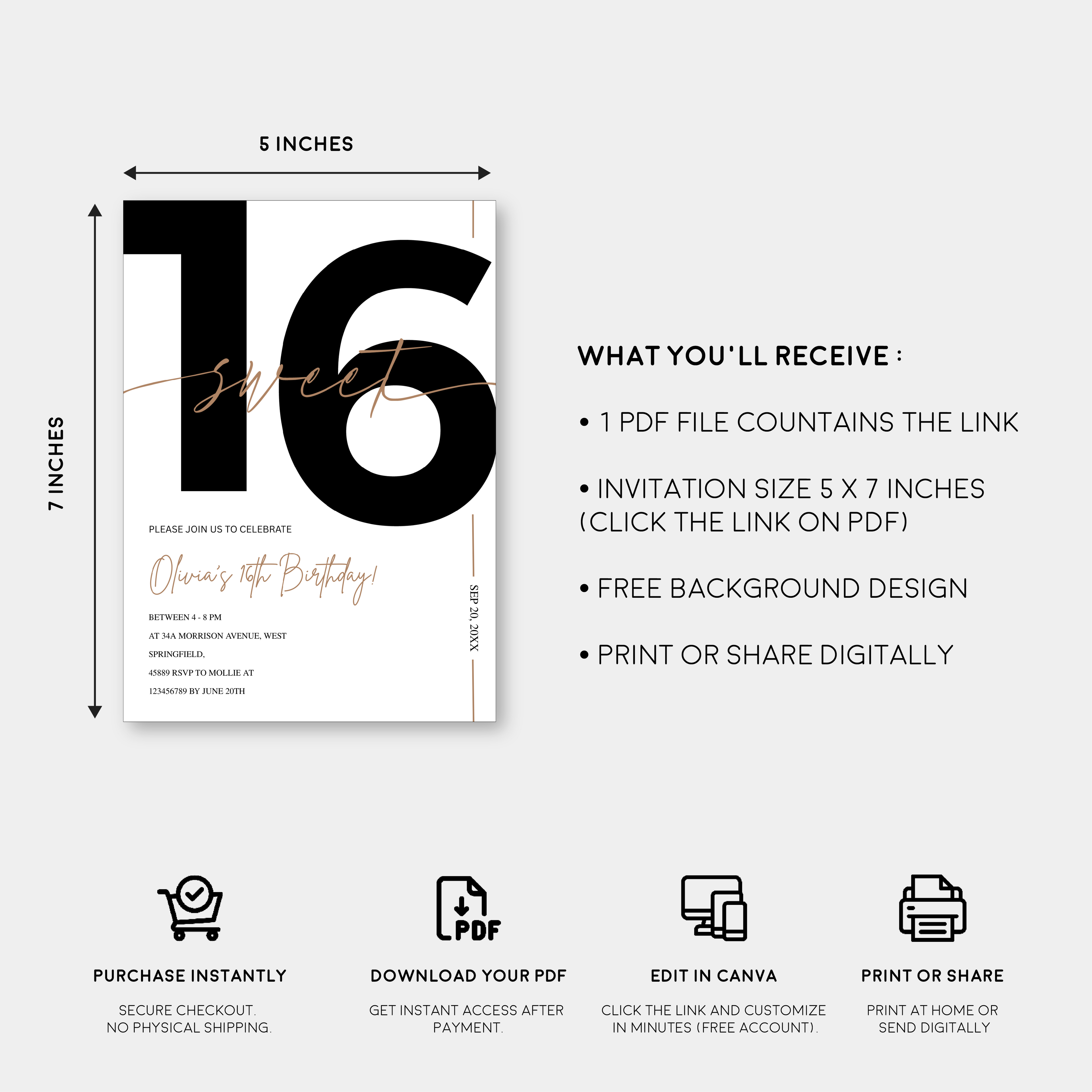 Modern White & Gold Sweet 16th Birthday Invitation – Editable Canva Template