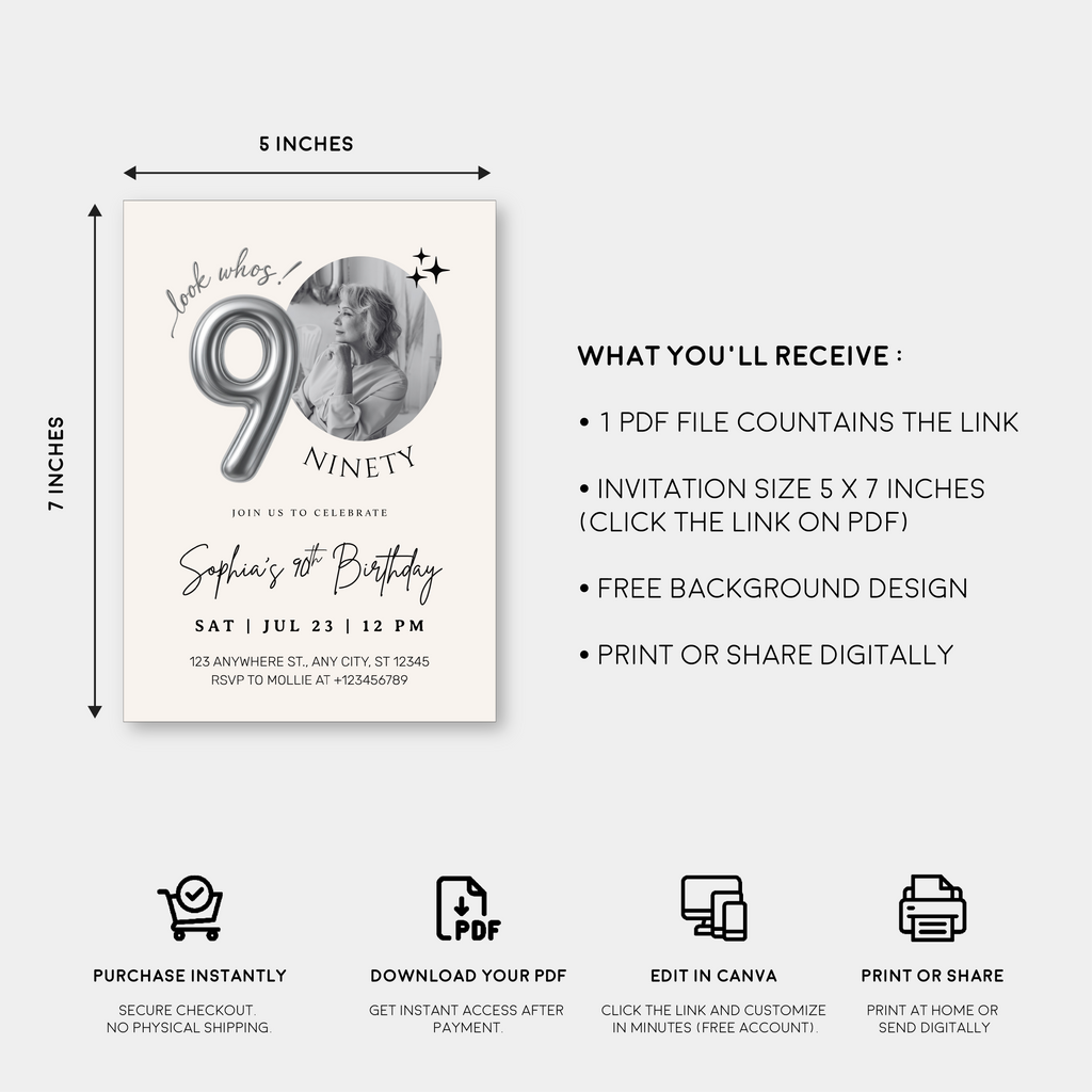 Editable 90th Birthday Photo Invitation Canva Template Silver Balloon Minimalist Party Invite Instant Download