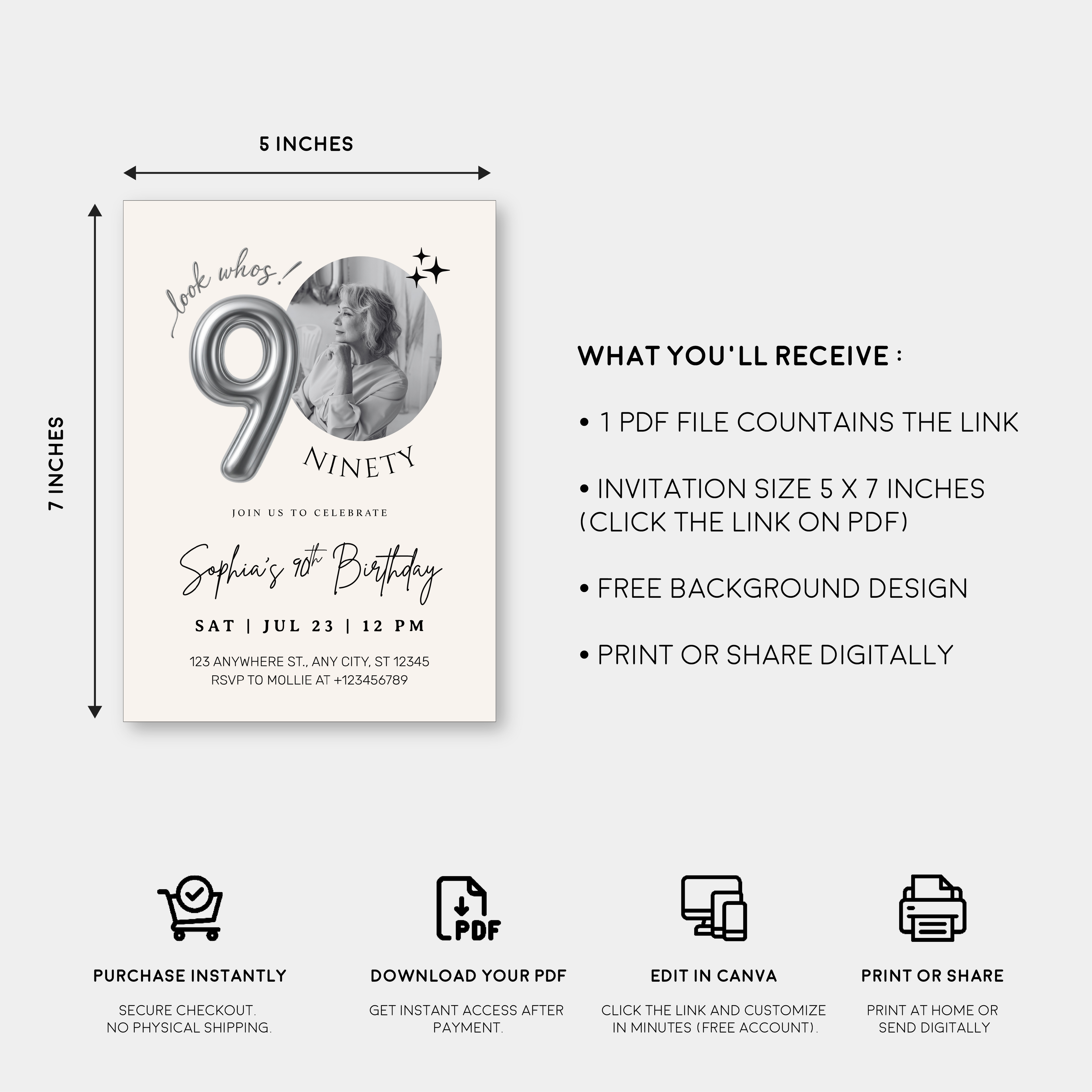 Editable 90th Birthday Photo Invitation Canva Template Silver Balloon Minimalist Party Invite Instant Download