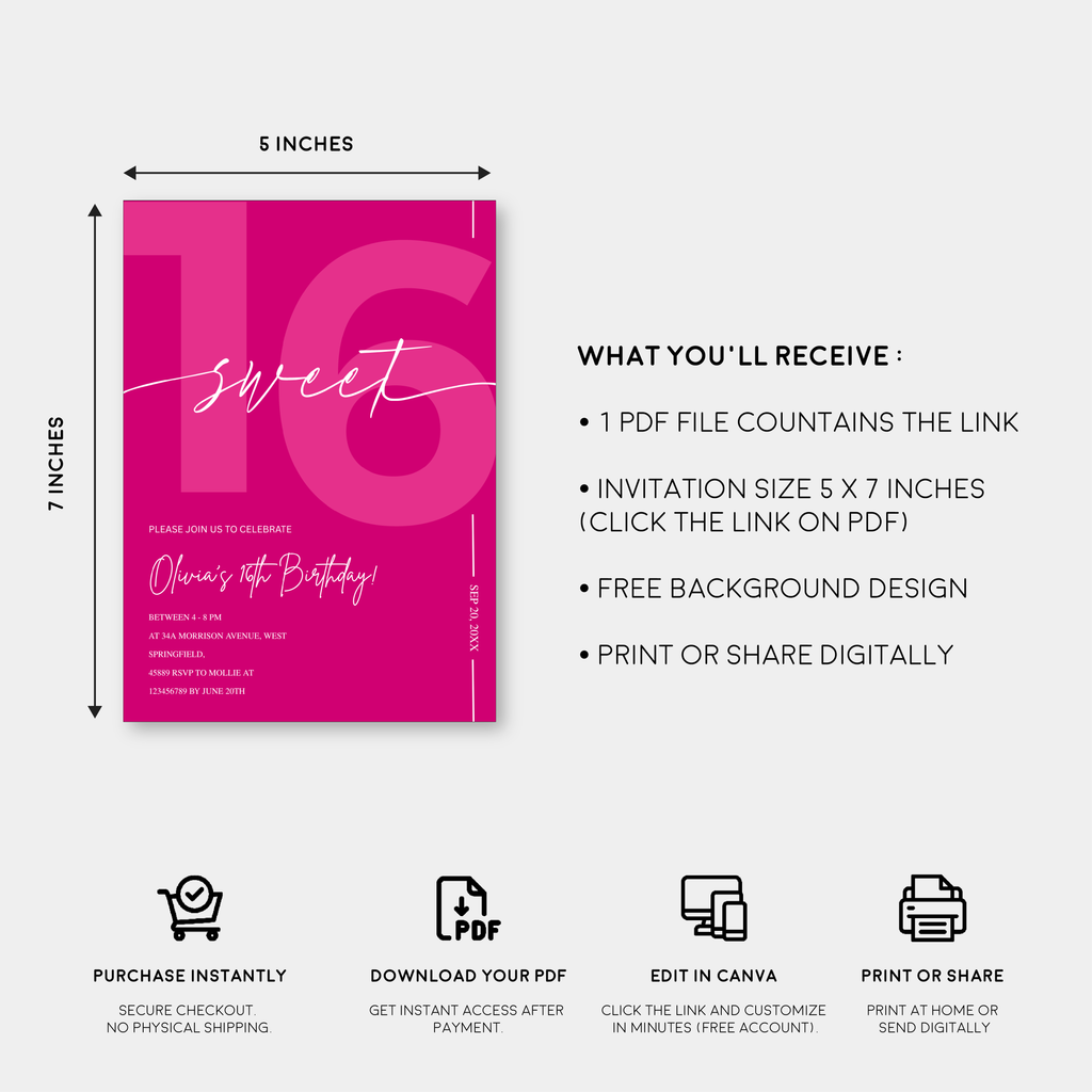 Modern Pink Sweet 16th Birthday Invitation – Editable Canva Template