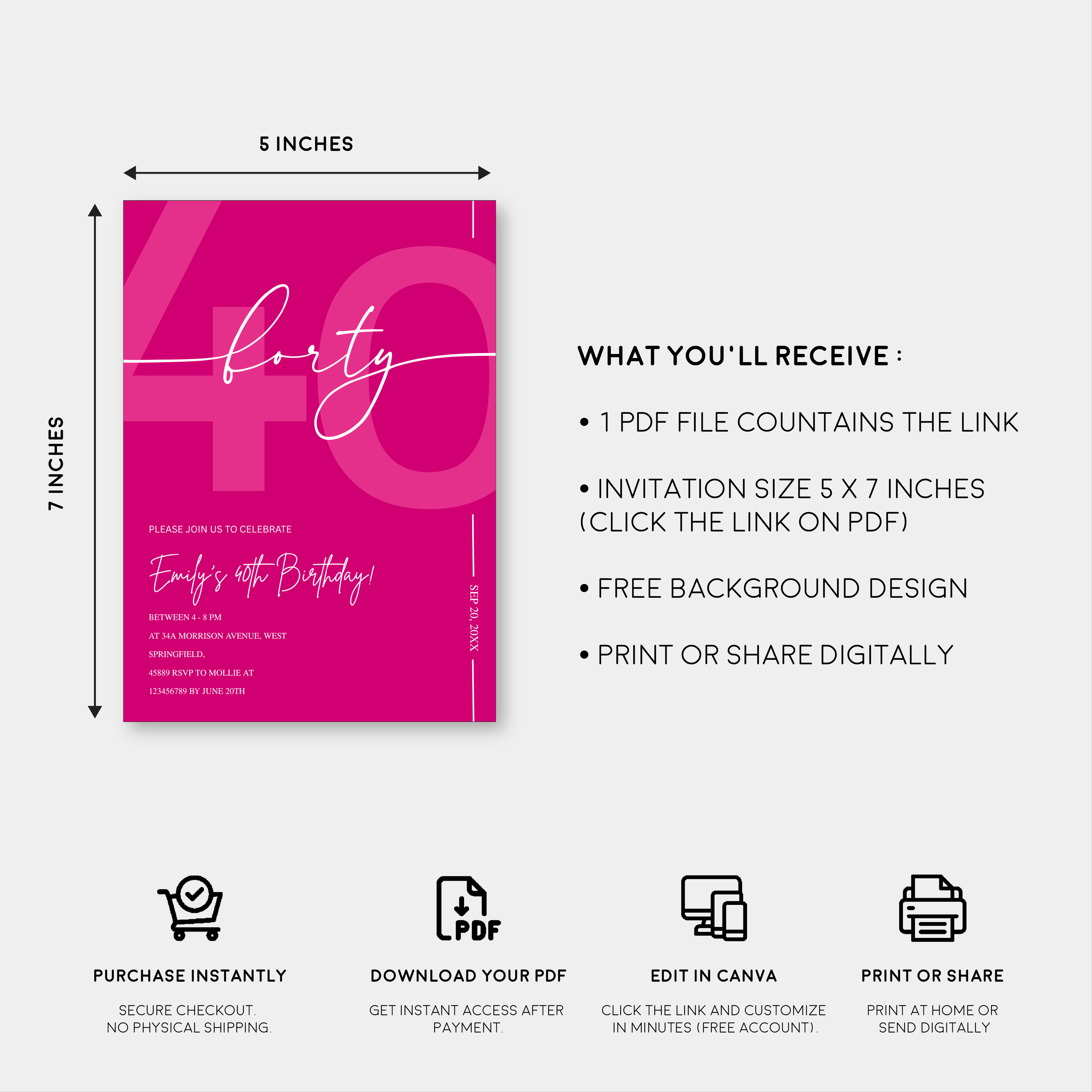 Modern Pink 40th Birthday Invitation | Minimalist Editable Canva Template