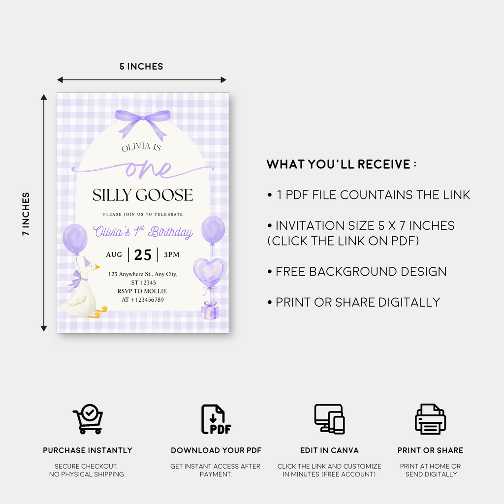 Editable One Silly Goose 1st Birthday Invitation | Purple Bow Gingham Canva Template – Instant Download