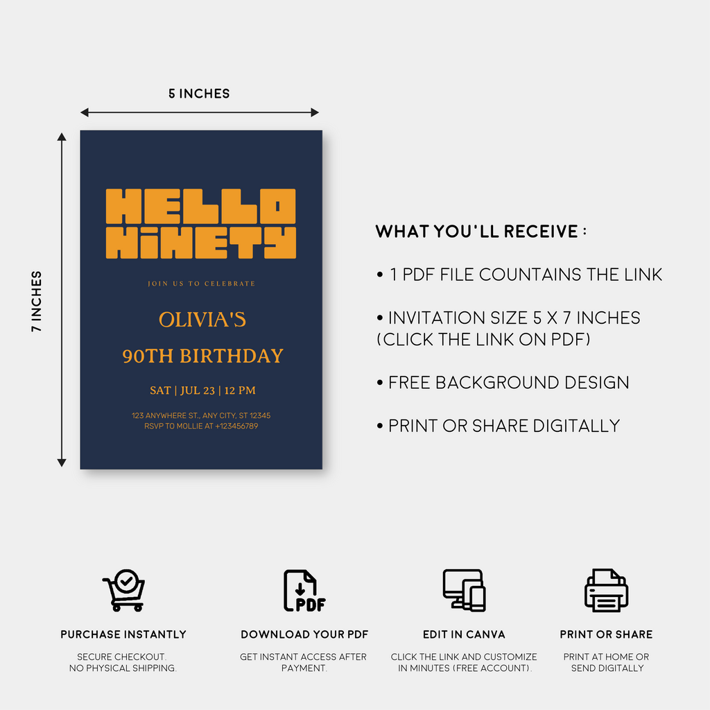 Hello Ninety Navy Blue 90th Birthday Invitation | Modern Milestone Party Invite | Elegant Birthday Celebration