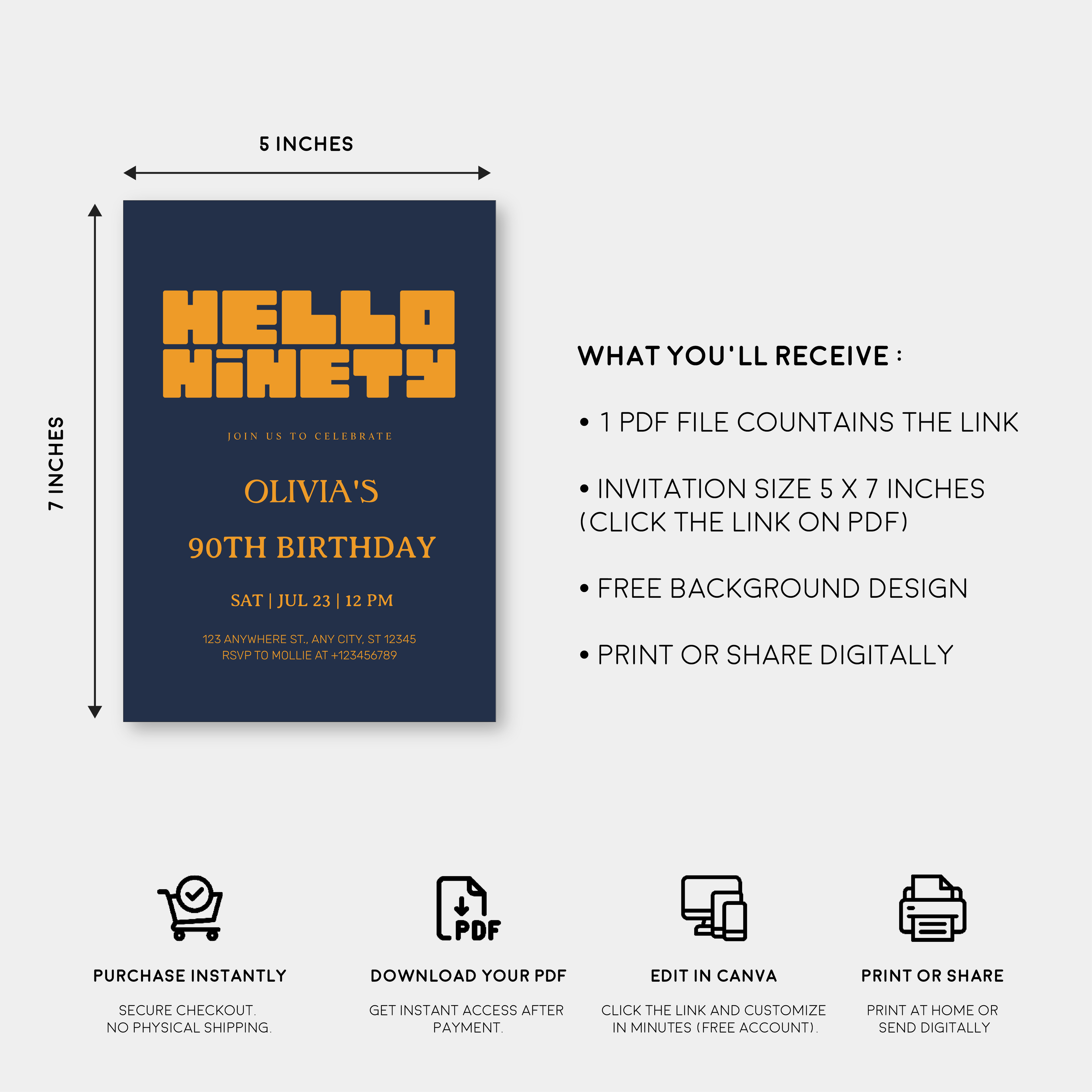 Hello Ninety Navy Blue 90th Birthday Invitation | Modern Milestone Party Invite | Elegant Birthday Celebration