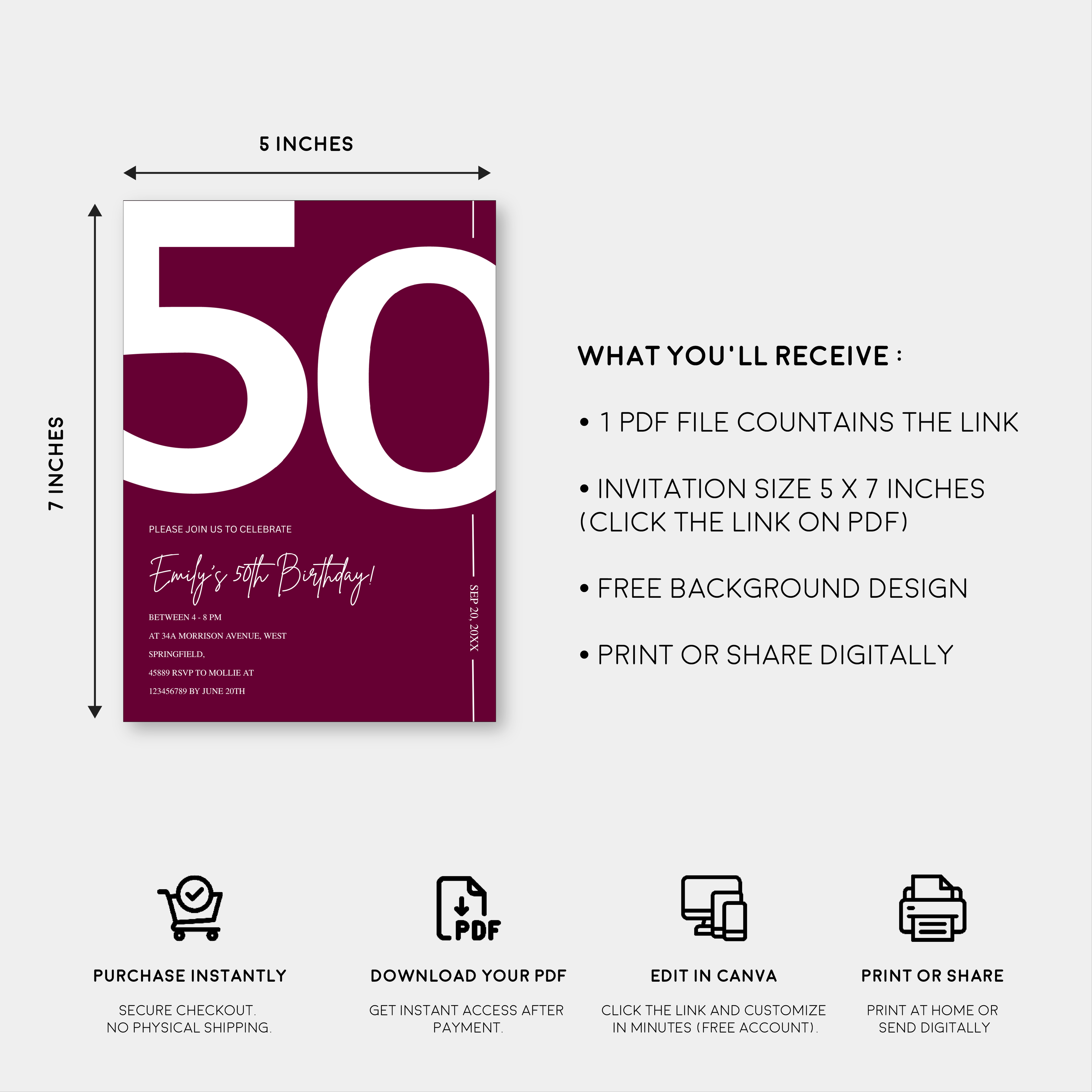 Elegant Burgundy 50th Birthday Invitation Template | Chic Fifty Milestone Party Invite | Editable & Instant Download