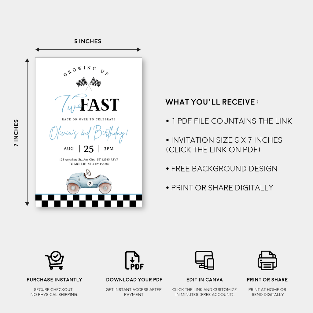 Growing Up Two Fast 2nd Birthday Invitation | Blue Vintage Race Car Party Invite