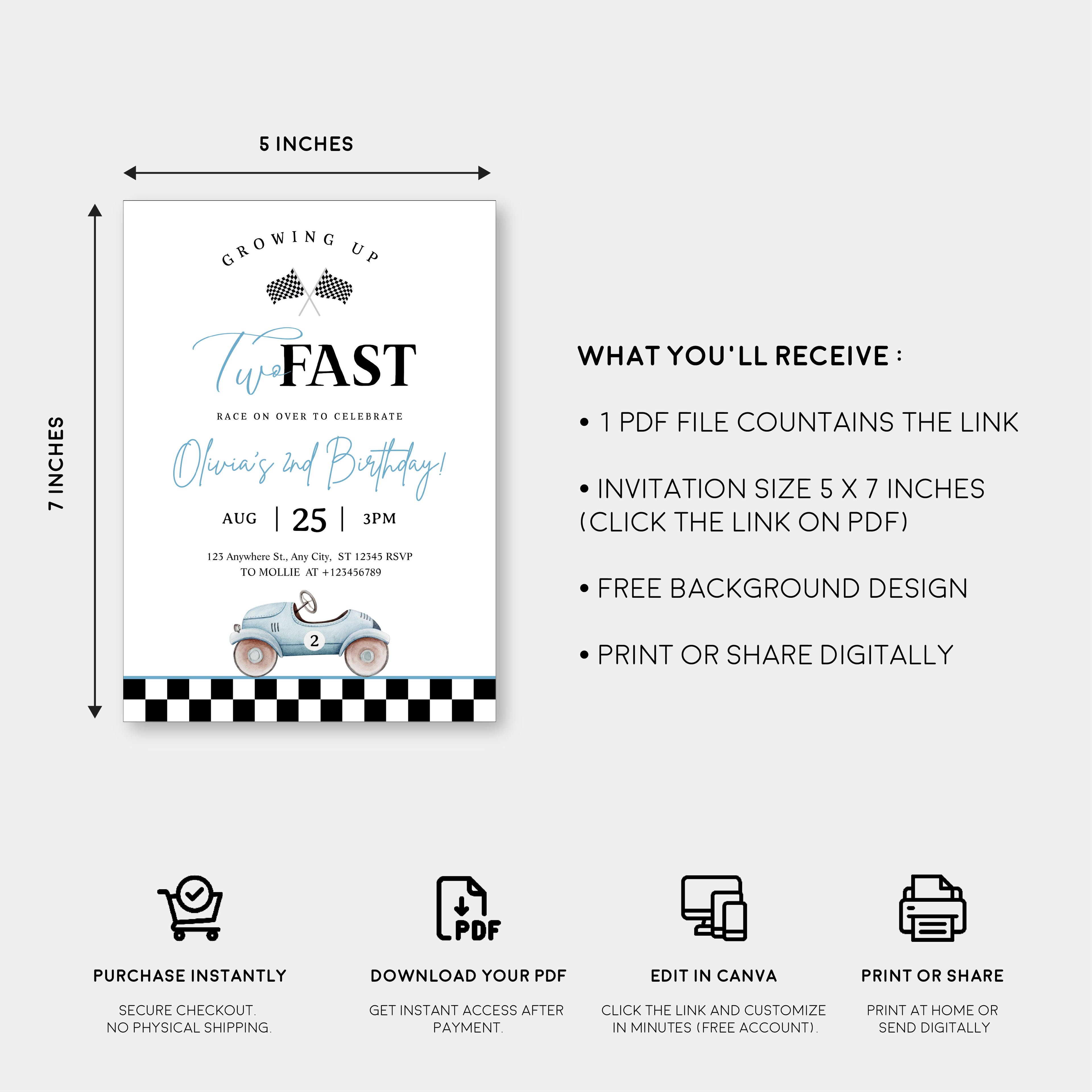 Growing Up Two Fast 2nd Birthday Invitation | Blue Vintage Race Car Party Invite