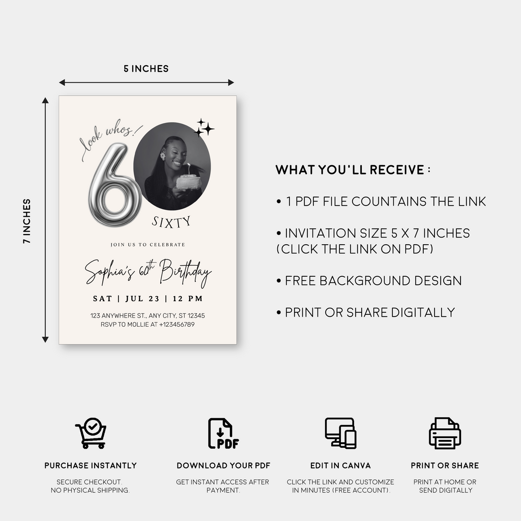 Editable 60th Birthday Photo Invitation Canva Template Silver Balloon Minimalist Party Invite Instant Download