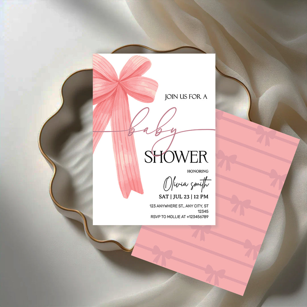 Elegant Pink Bow Baby Shower Invitation – Editable Canva Template