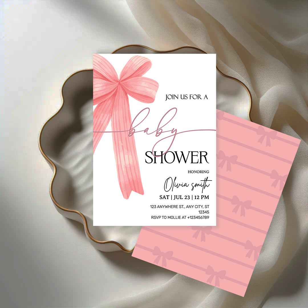 Elegant Pink Bow Baby Shower Invitation – Editable Canva Template