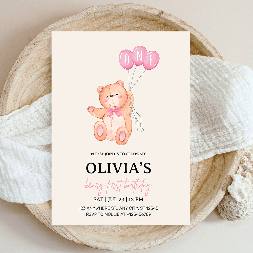 Beary First Pink Balloon 1st Birthday Teddy Invitation – Editable Canva Template